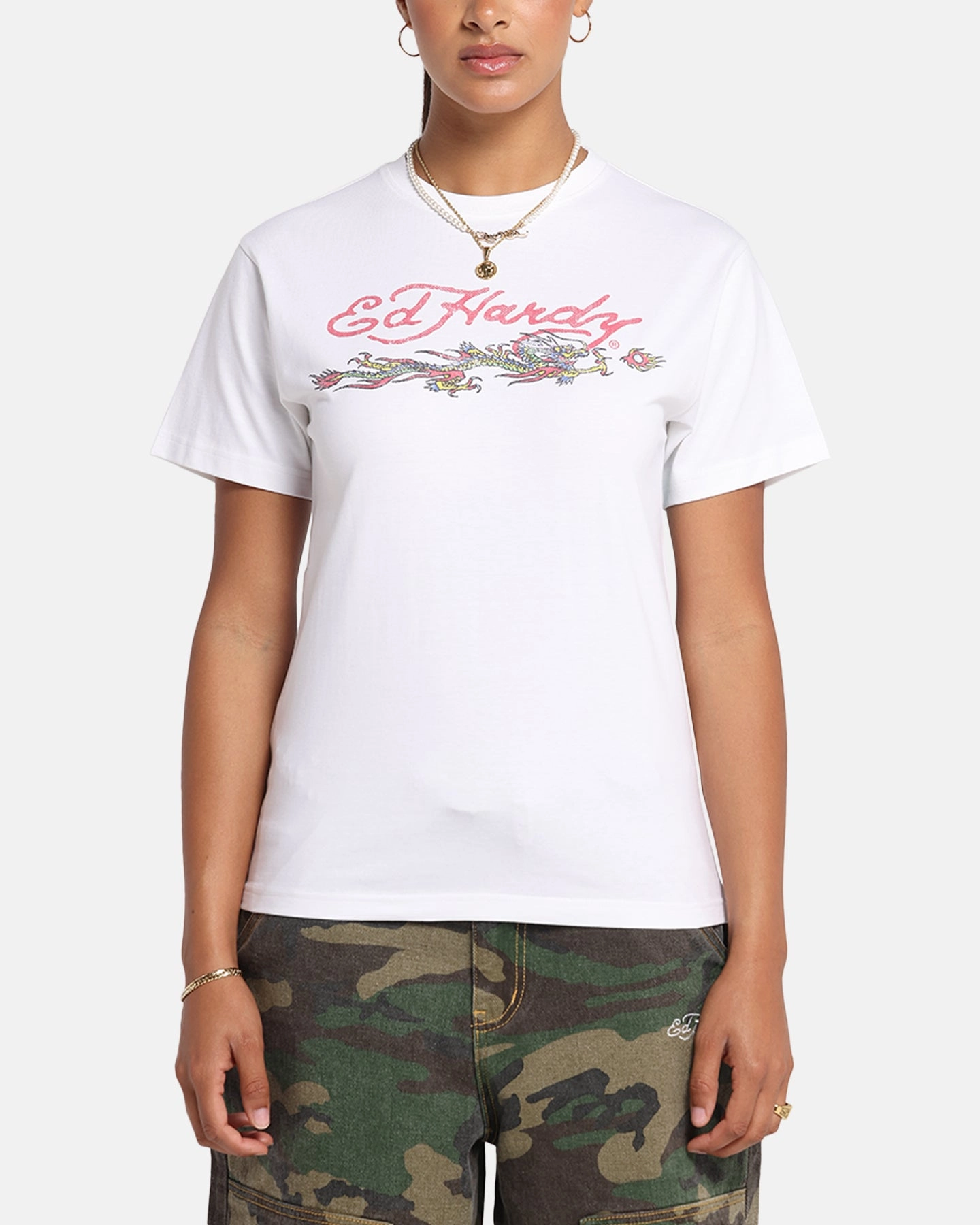 Ed Hardy Rising Dragon Vintage T-Shirt White Easy Style Gym clothing