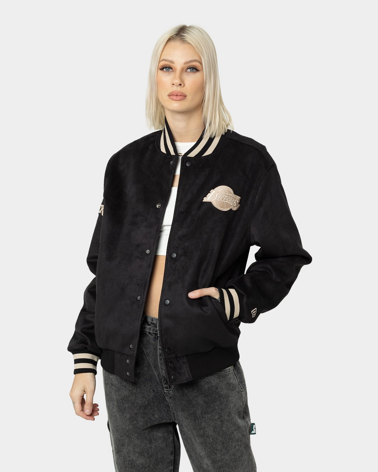 Double Stitched Edging Wax New Era Los Angeles Lakers Suede Jacket Black