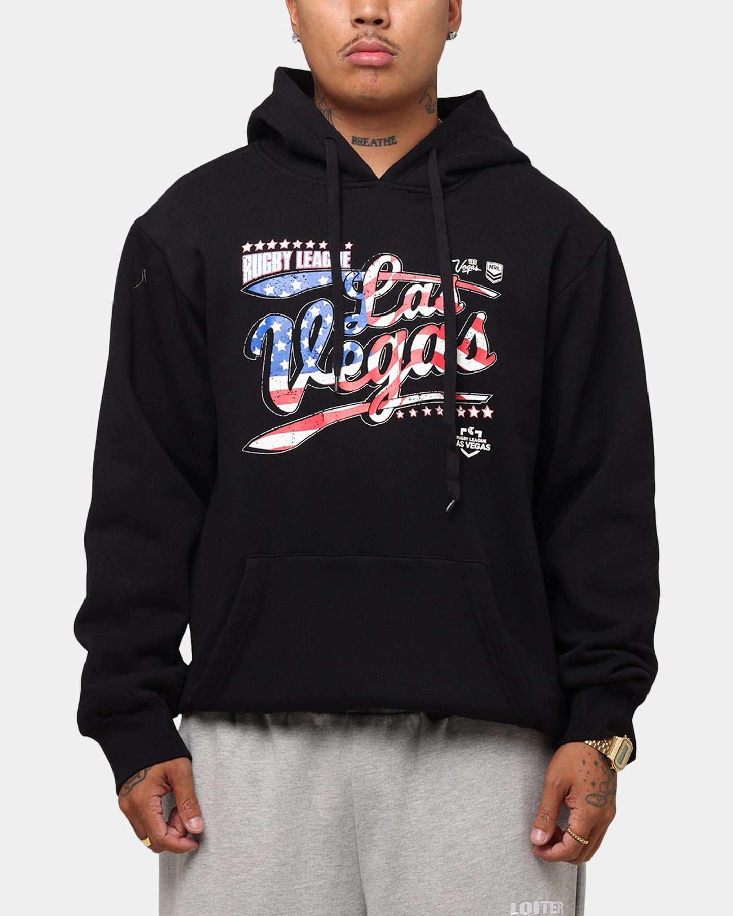 Lifestyle Scene Tidwell NRL 2025 Las Vegas Round Flag Hoodie Black