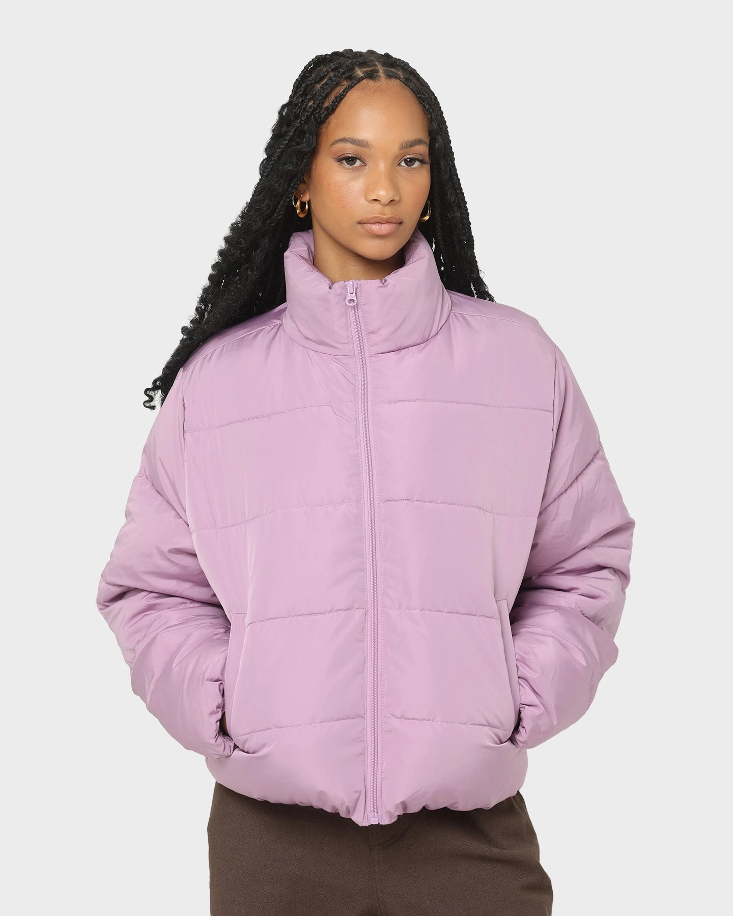 EN ES Women's Shake Up Puffa Jacket Lilac Rollaway Collar Feature