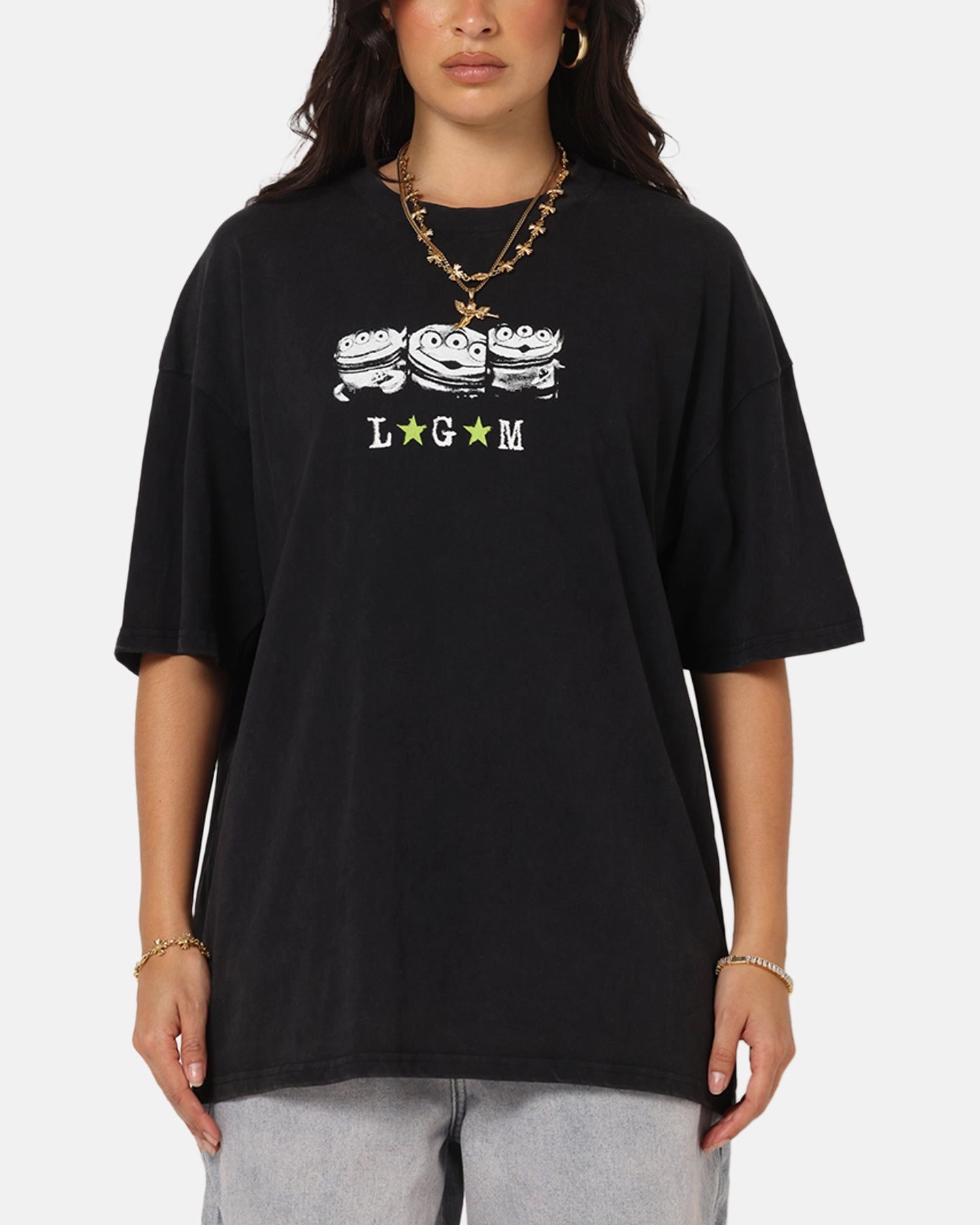 harmonious High Quality Printing 73 Studio Disney Pixar Toy Story Little Green Men Vintage T-Shirt Black Acidwash