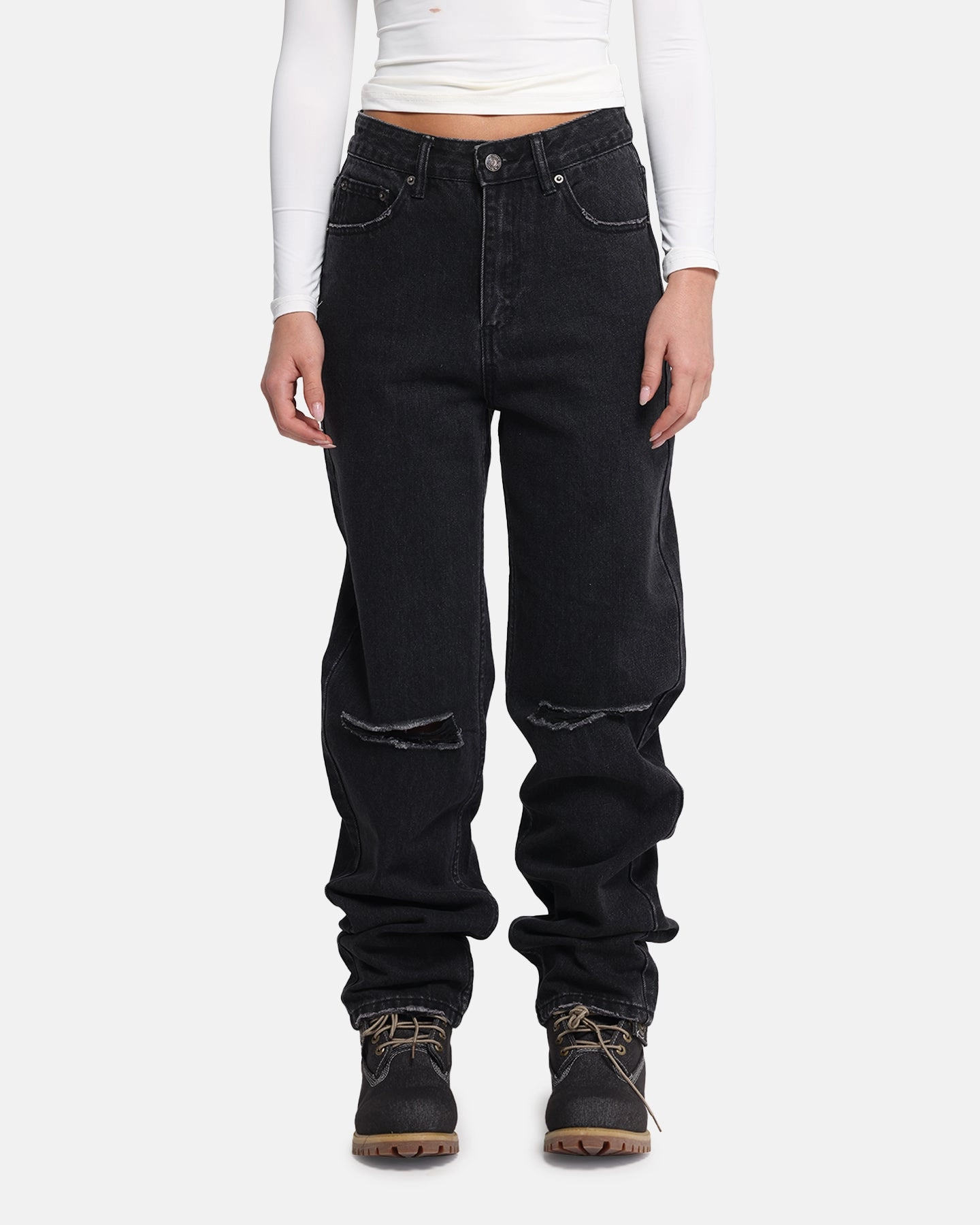 XXIII Women's Straight Leg Jeans Washed Black Anti Static Material Blend