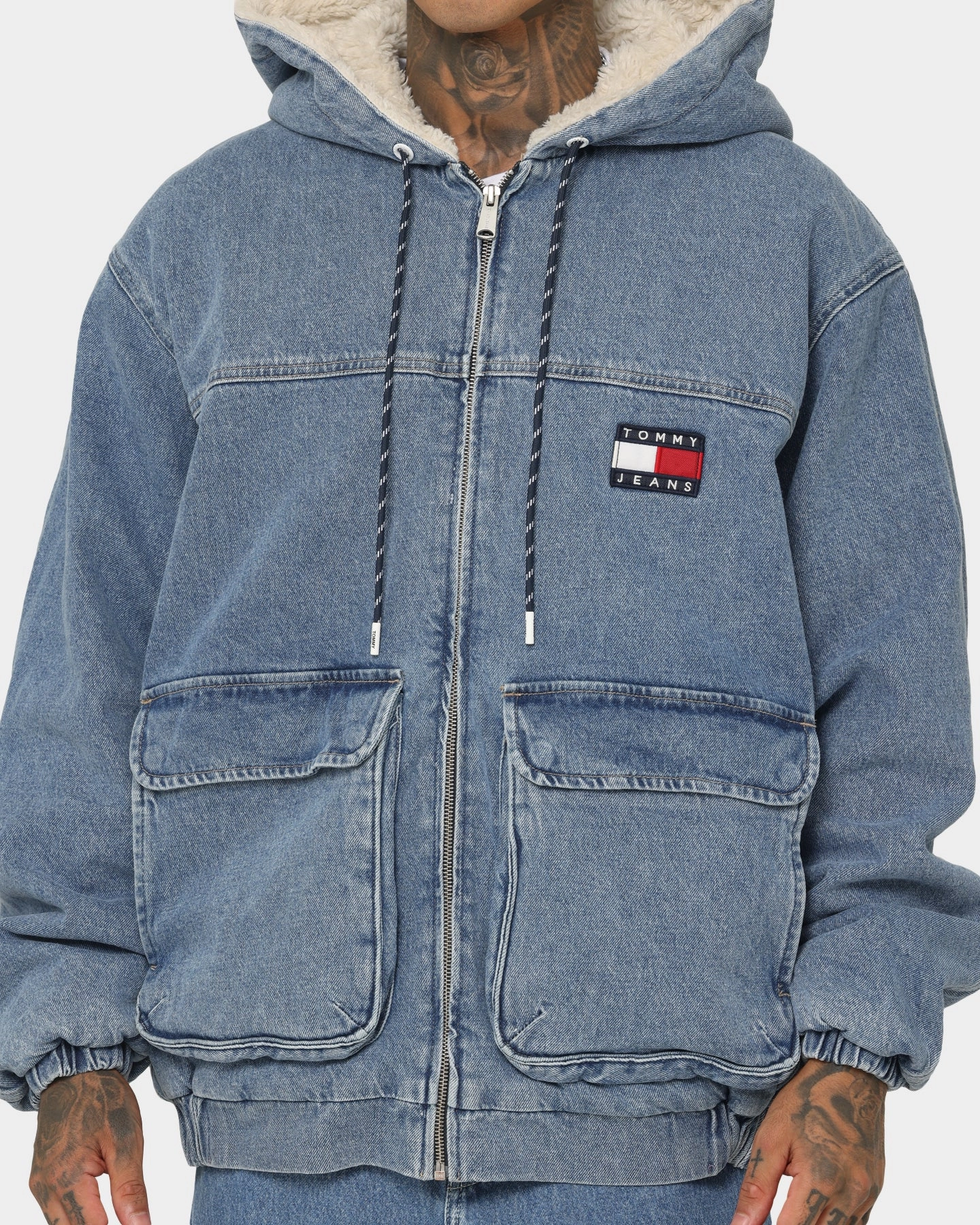 Tommy Jeans Denim Hooded Sherpa Jacket DF6136 Denim Medium cultural festival Outdoor Protection