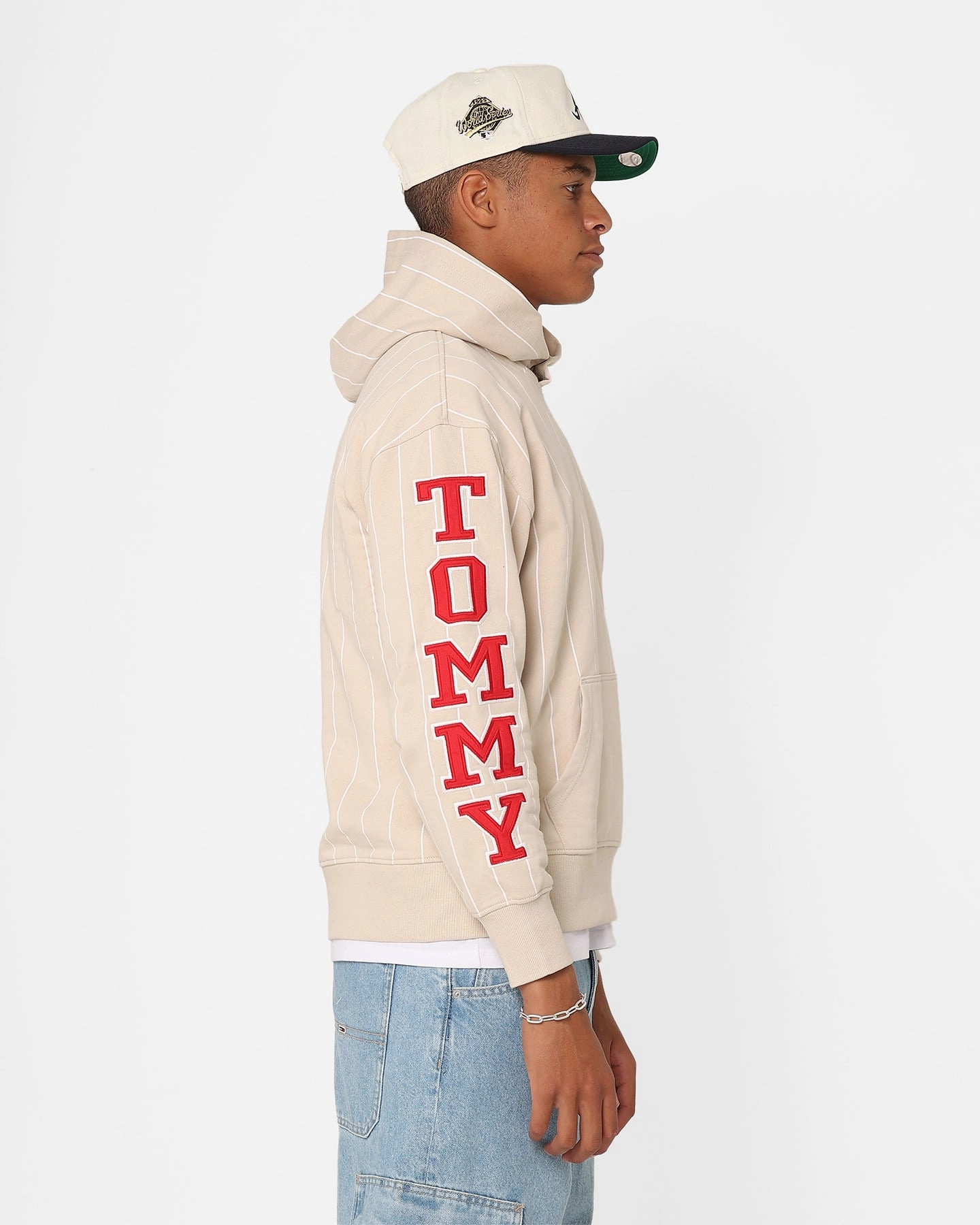 Tommy Jeans Relaxed Pinstripe Hoodie Classic Beige Side Pockets Subtle