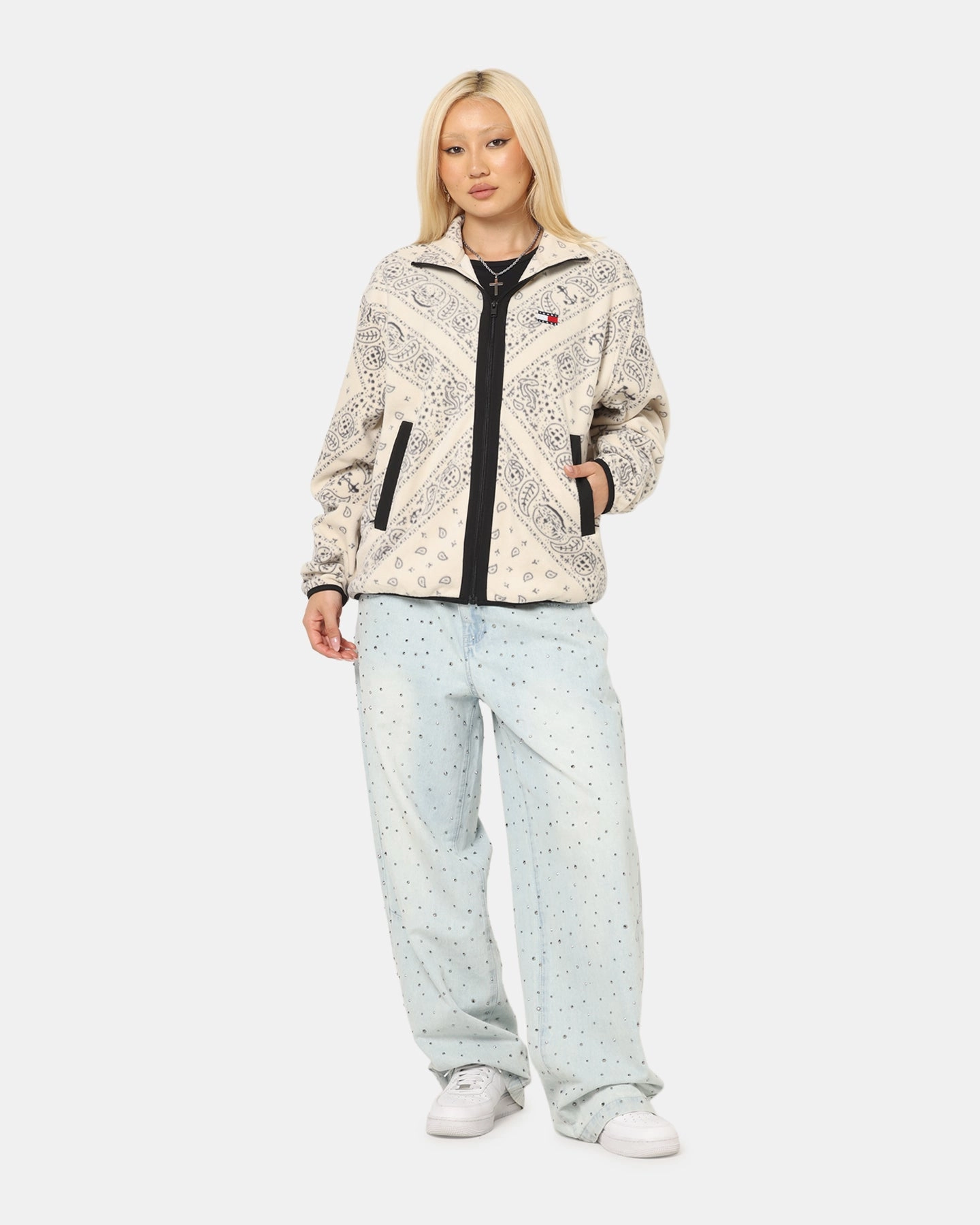 Tommy Jeans Relaxed Zip Paisley Fleece Jacket Newsprint Hardware Hooded