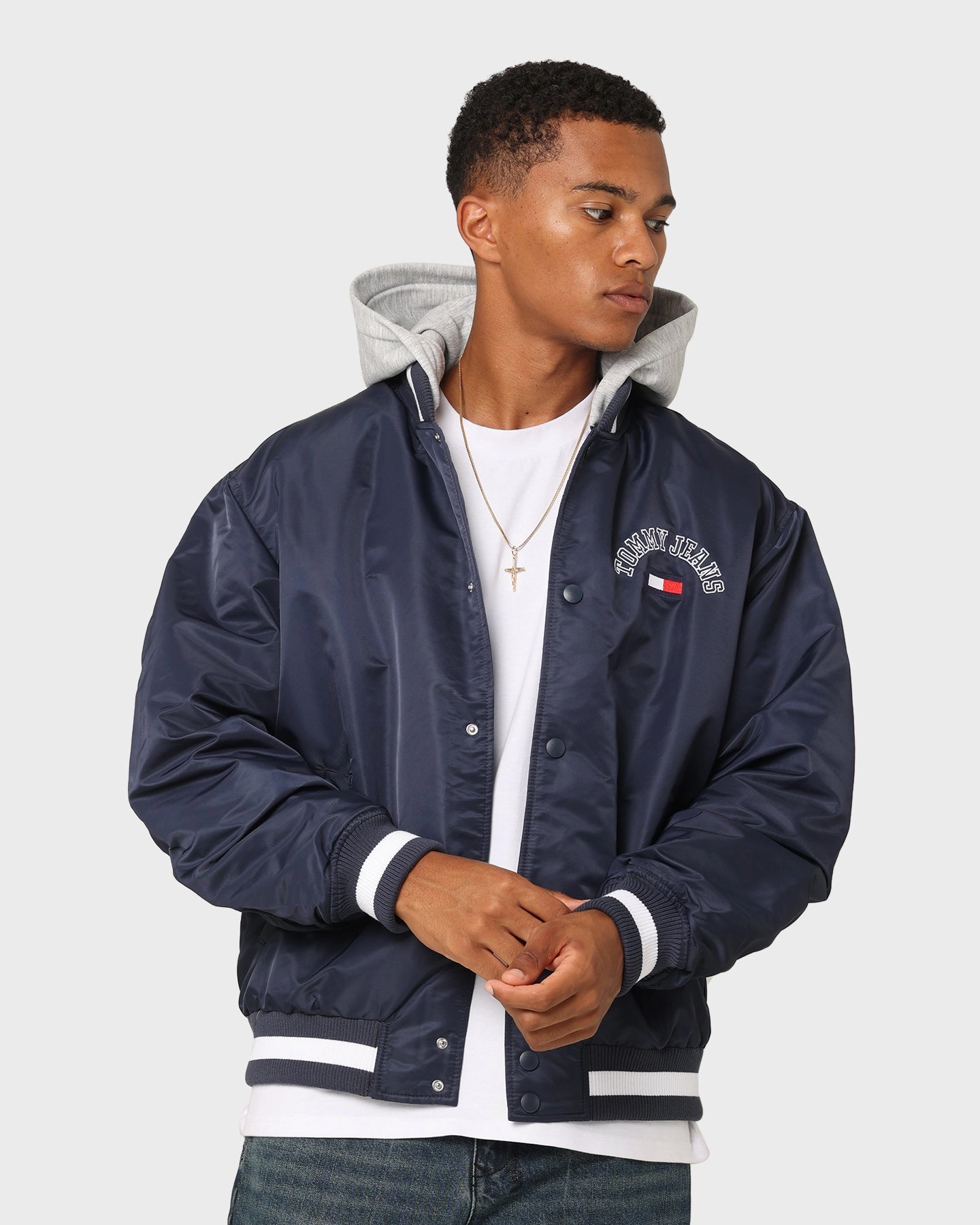 suitable for community activities Streetwear Style Tommy Jeans TJM Graphic Satin Bomber Jacket Twilight Navy