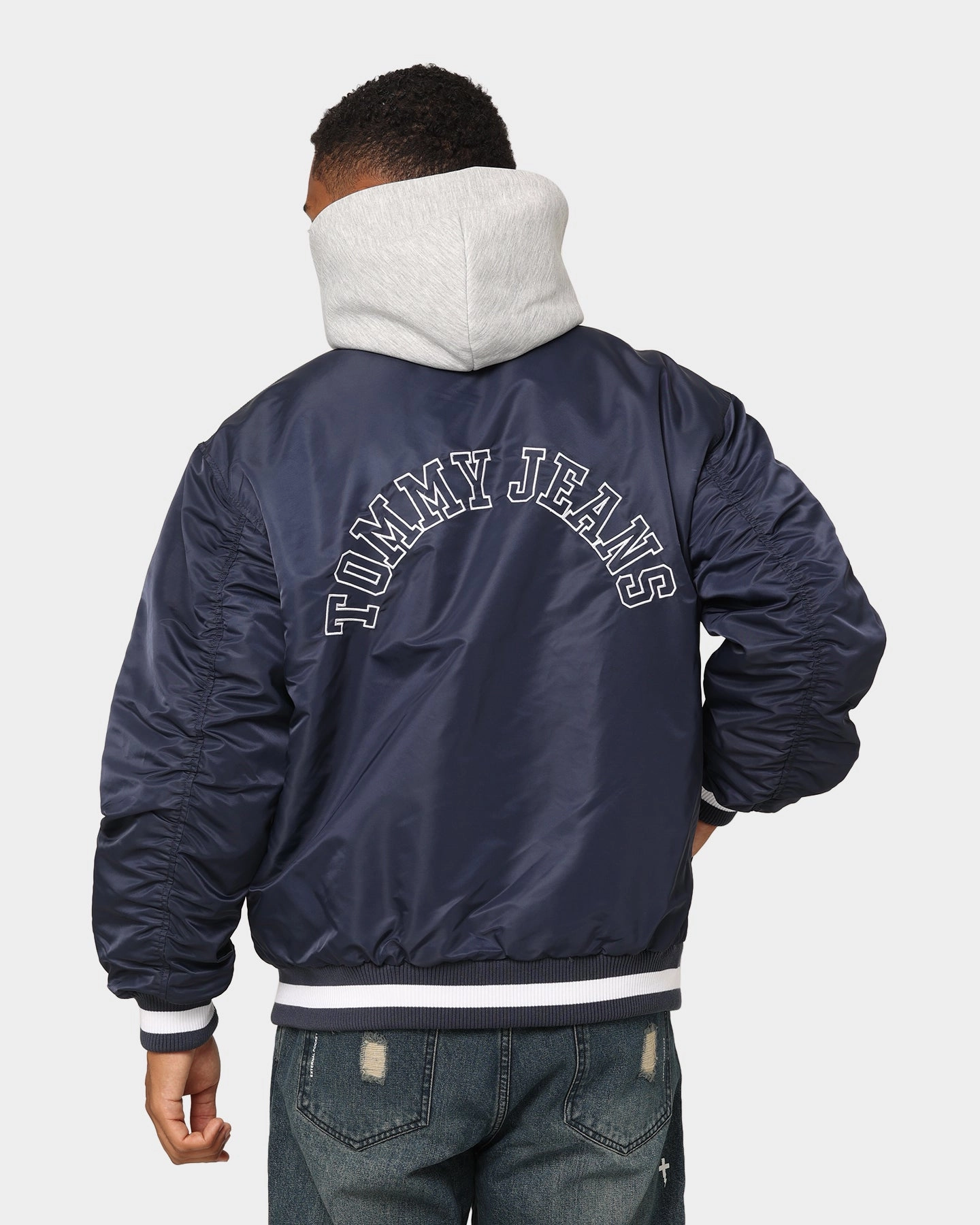 Tommy Jeans TJM Graphic Satin Bomber Jacket Twilight Navy Versatile Protection PreShrunk Cotton Blend