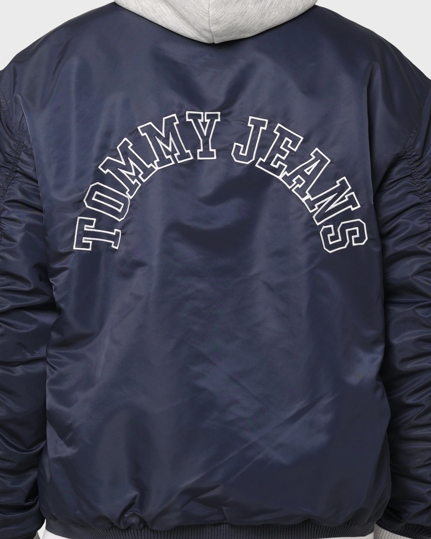 Tommy Jeans TJM Graphic Satin Bomber Jacket Twilight Navy Abrasion Resistant Zippers DualZipper