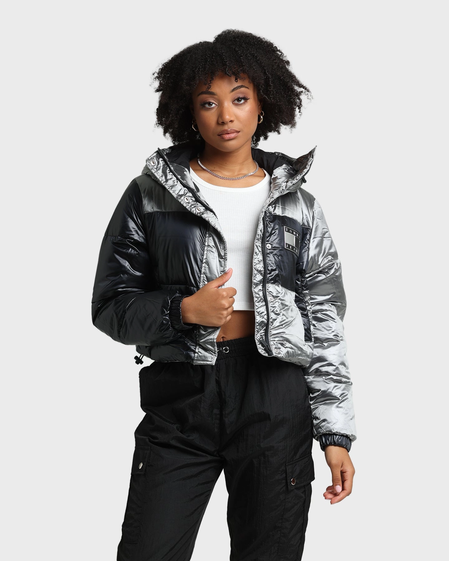 Check Tommy Jeans Women's Colourblock Puffer Jacket Silver