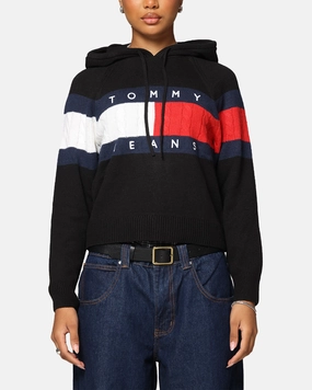 Tommy Jeans Women's TJW Center Flag Hoodie Sweater Black Breathable Textured Fabric