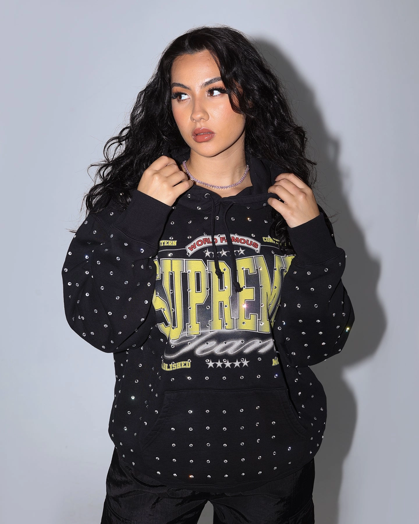 Supreme Rhinestone Hoodie Sweatshirt Black Non Bulky Design