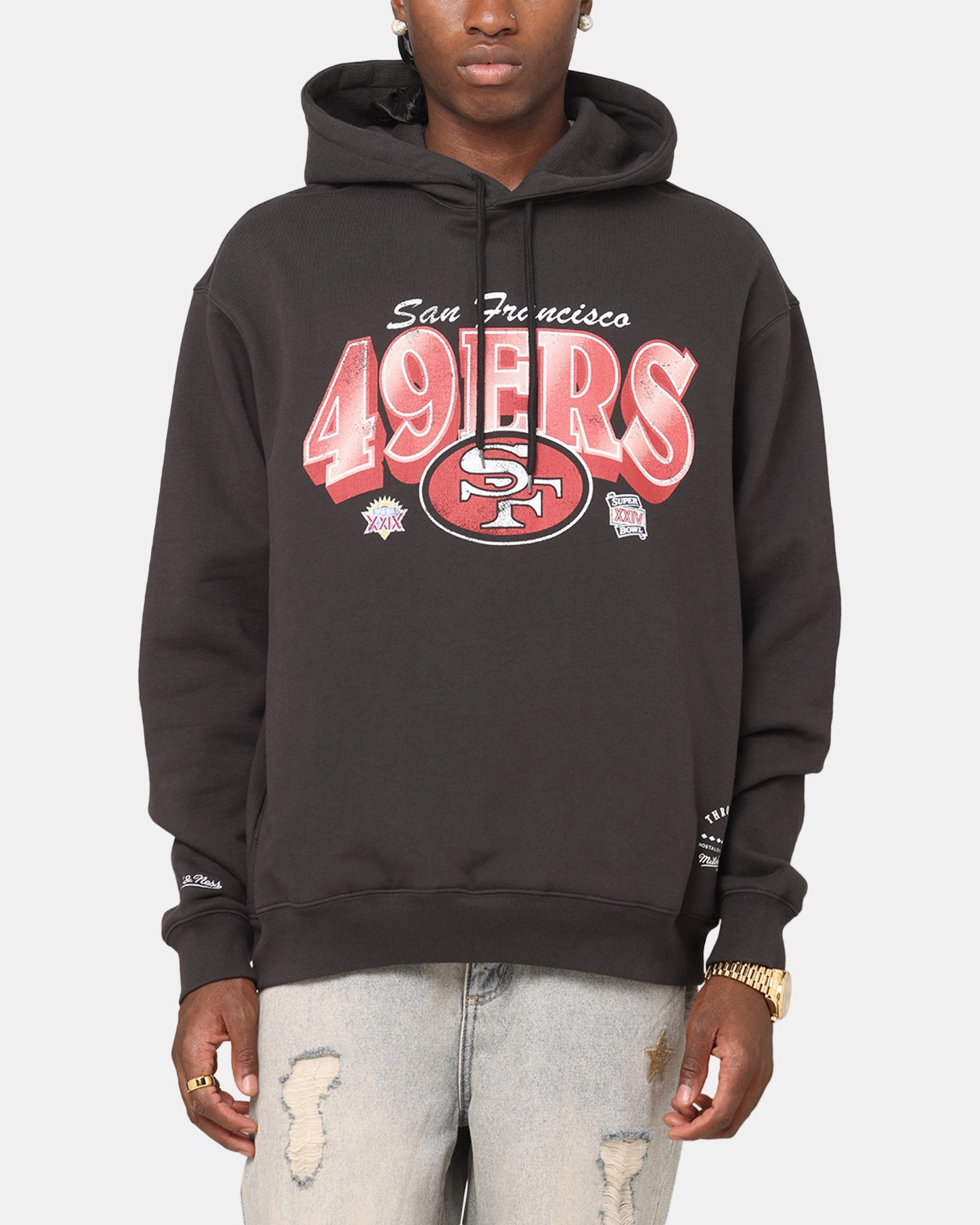 Mitchell & Ness San Francisco 49ers Arch Hoodie Faded Black Thermal Regulating Fabric