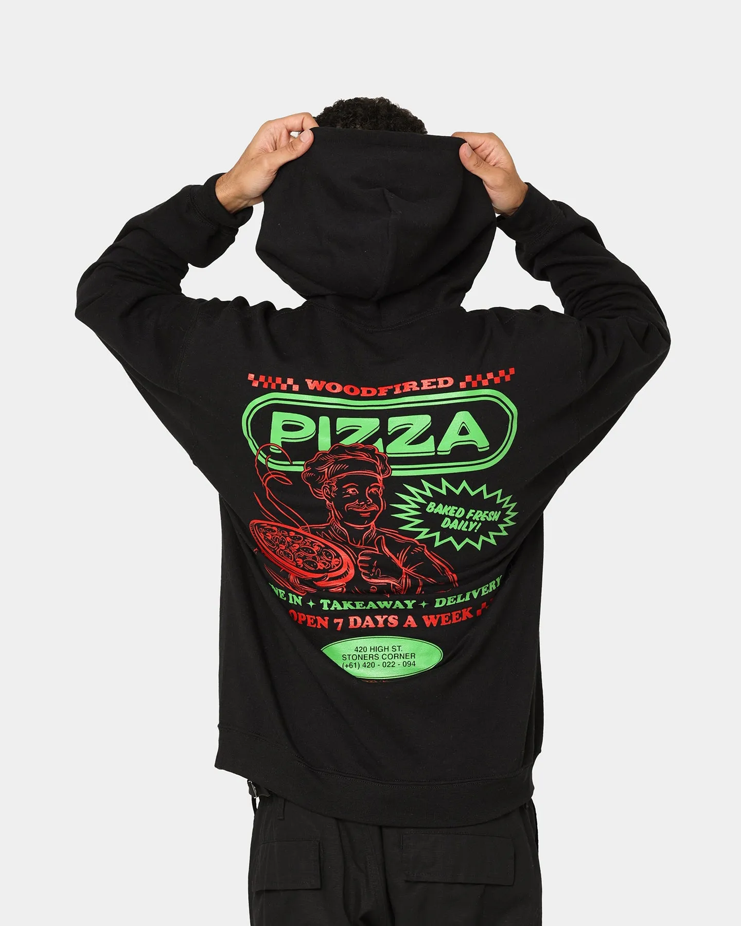 Goat Crew Pizza Shop Hoodie Black Minimalist Style Soft Shell