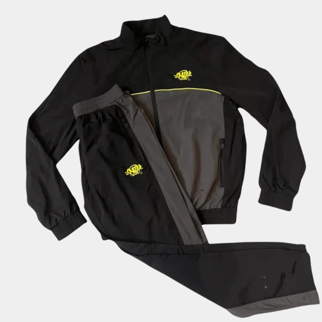 Syna Logo Shell Tracksuit - Black/Grey/Volt Layered Panel System Marketing