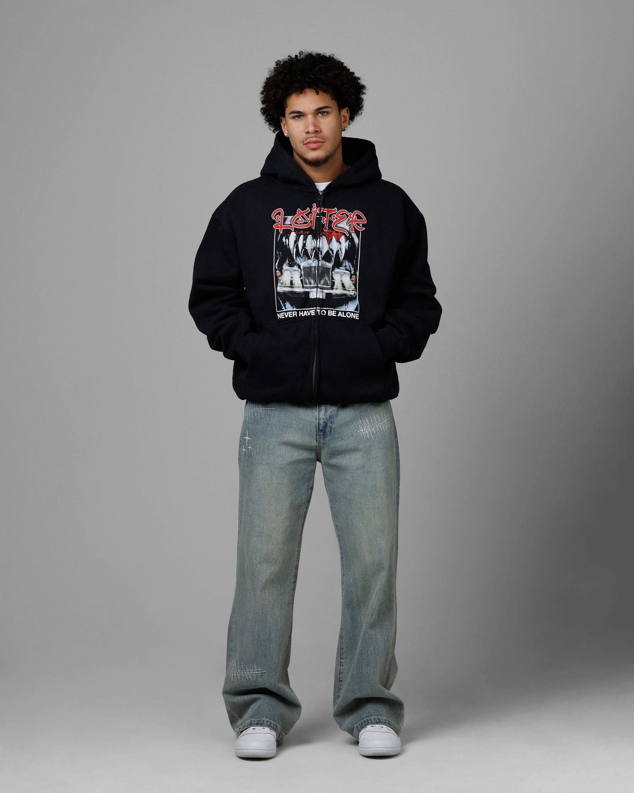 Loiter Always And Forever Zip Hoodie Black Adjustable Waistband