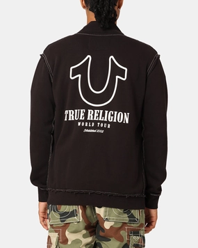 True Religion Big T Mock Neck Zip Through Jacket Jet Black Magnetic Closure