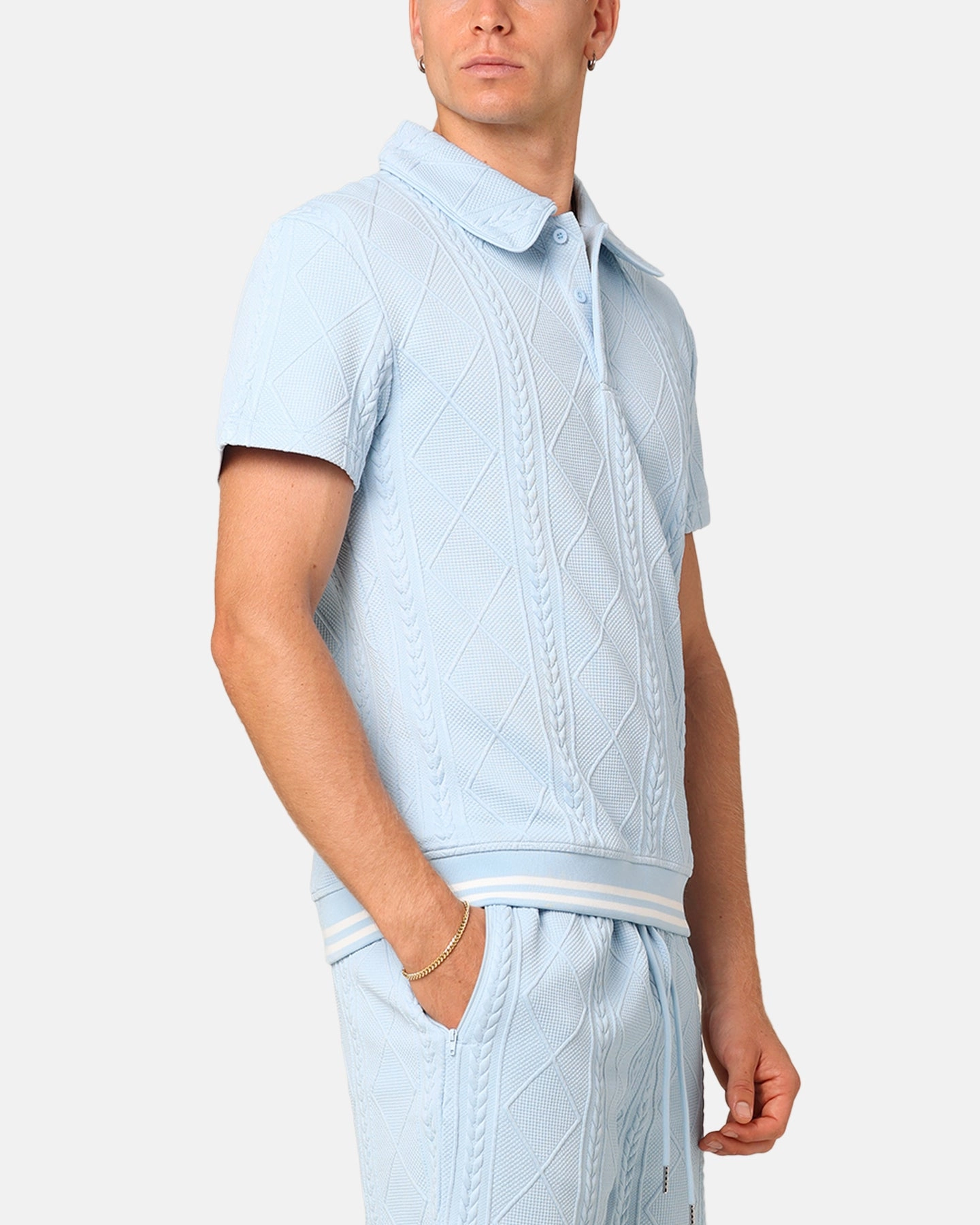 Dimensional Stability Weave Layered Collar Structure XXIII Danny Knit Polo Shirt Sky Blue