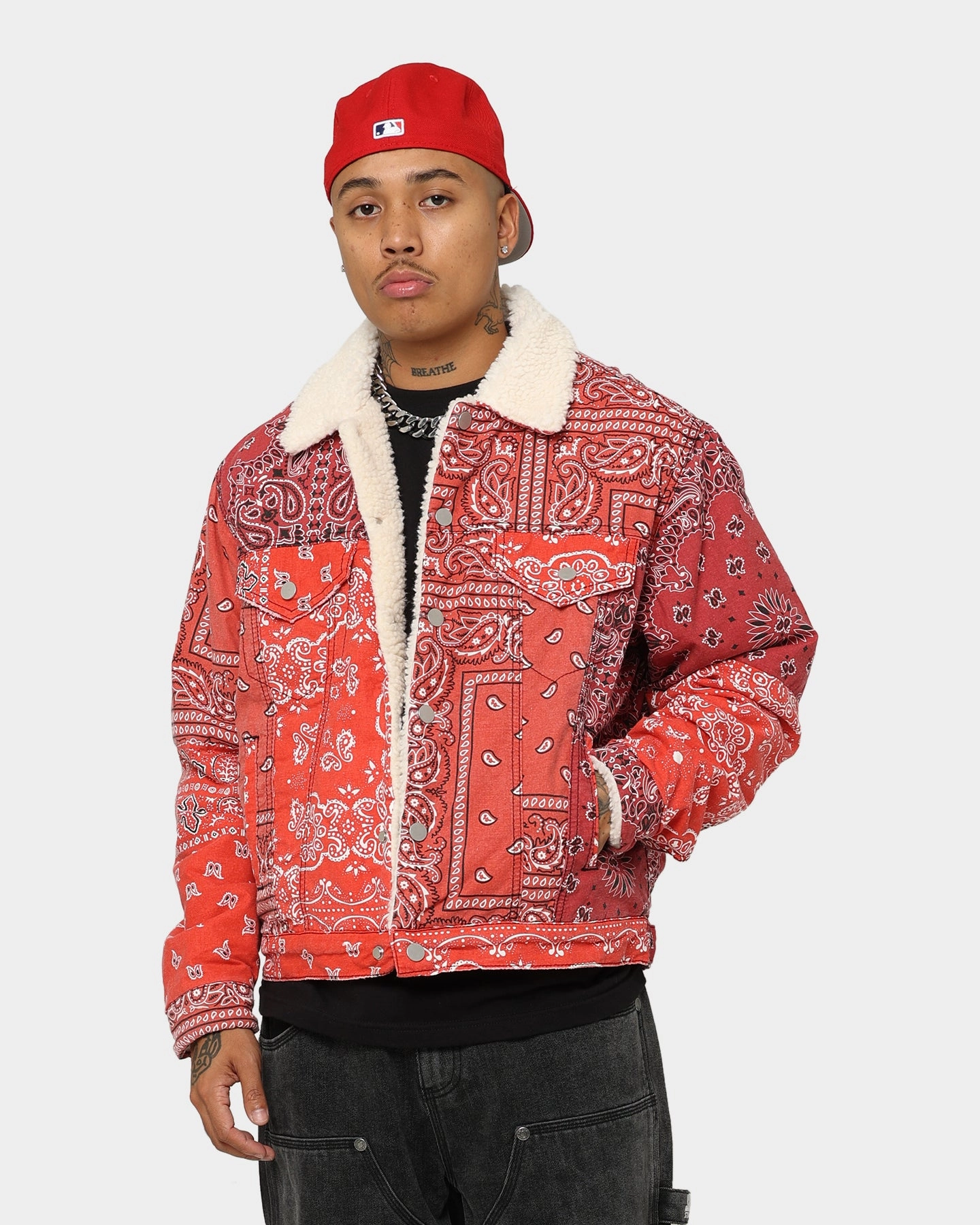 MNML Bandana Sherpa Trucker Jacket Red Moisture Wicking Layer Mouthwash