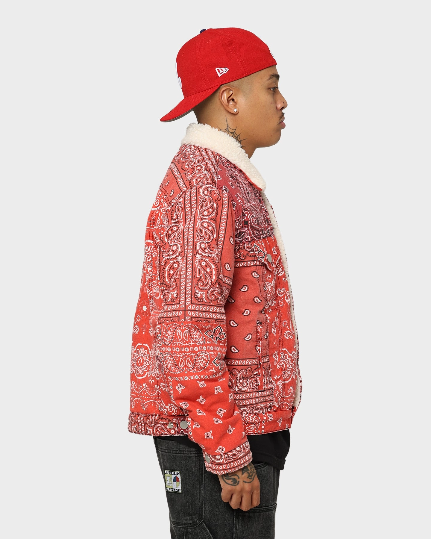 Recycled Polyester MNML Bandana Sherpa Trucker Jacket Red