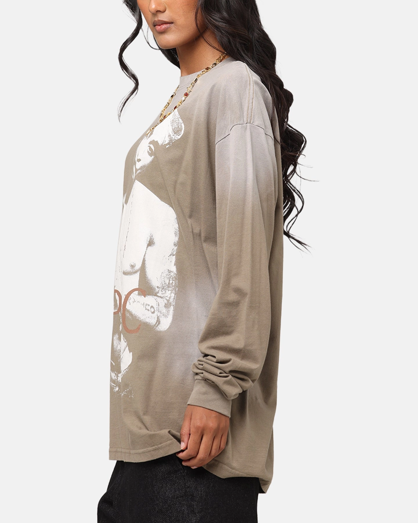 Easy Wear Style Comfort Fit Tupac 2Pac Hem Vintage Long Sleeve T-Shirt Brown