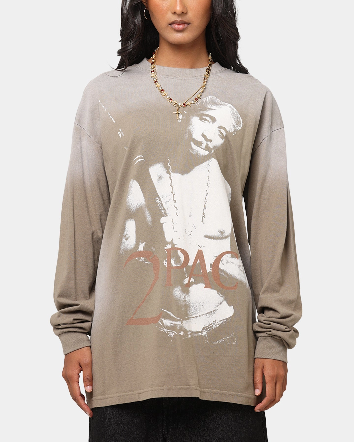 certified Tupac 2Pac Hem Vintage Long Sleeve T-Shirt Brown