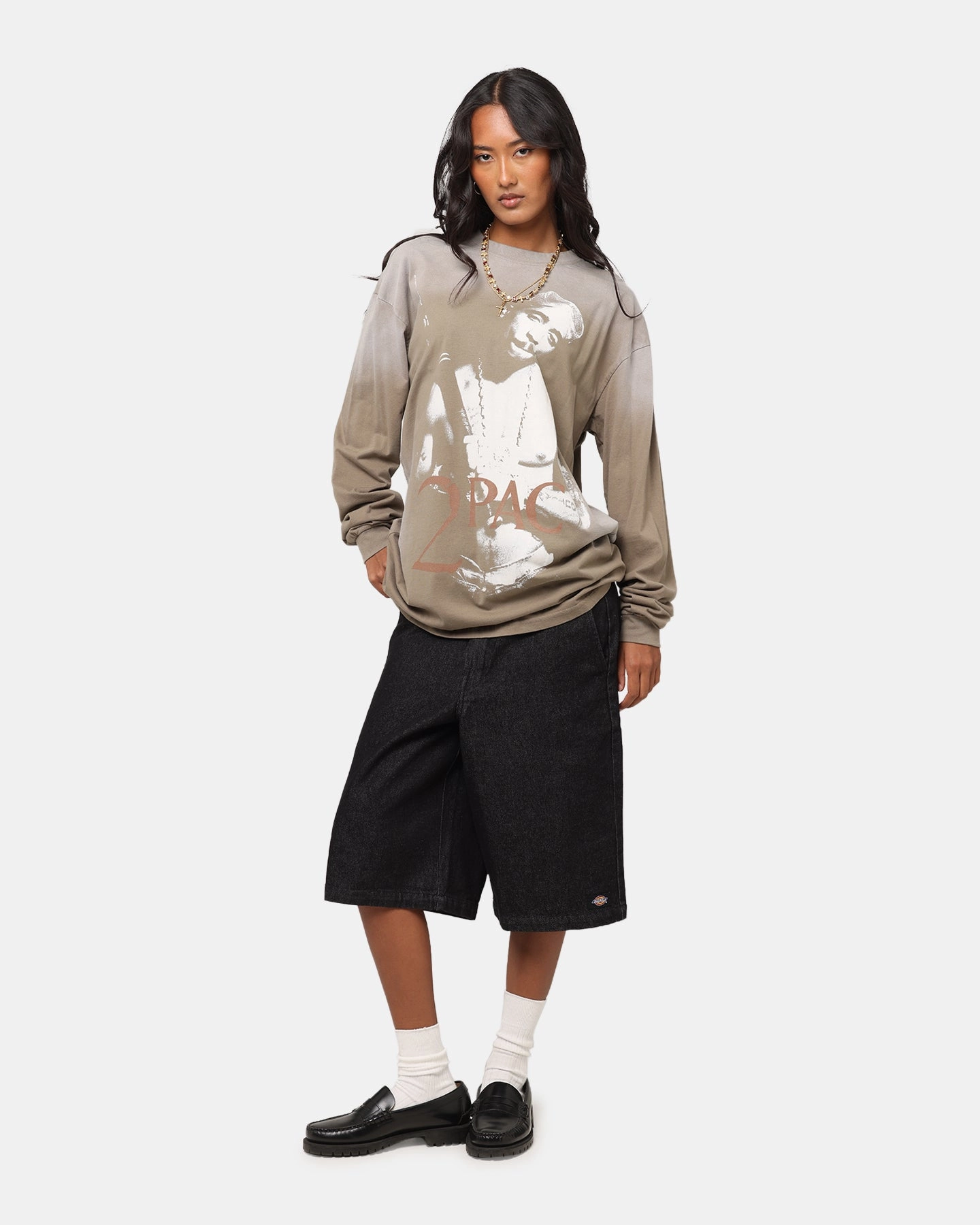 Outdoor Style Trend Versatile Comfort Style Tupac 2Pac Hem Vintage Long Sleeve T-Shirt Brown