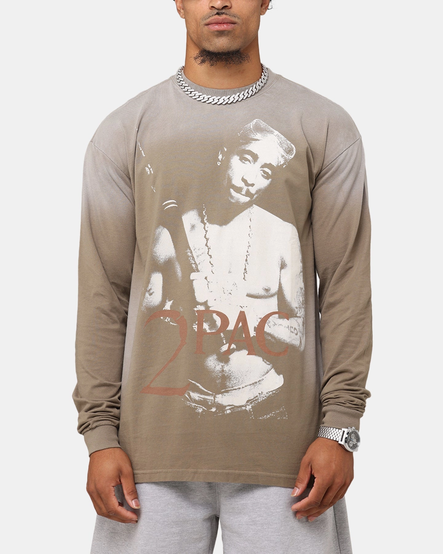 Tupac 2Pac Hem Vintage Long Sleeve T-Shirt Brown Easy-to-Style Top