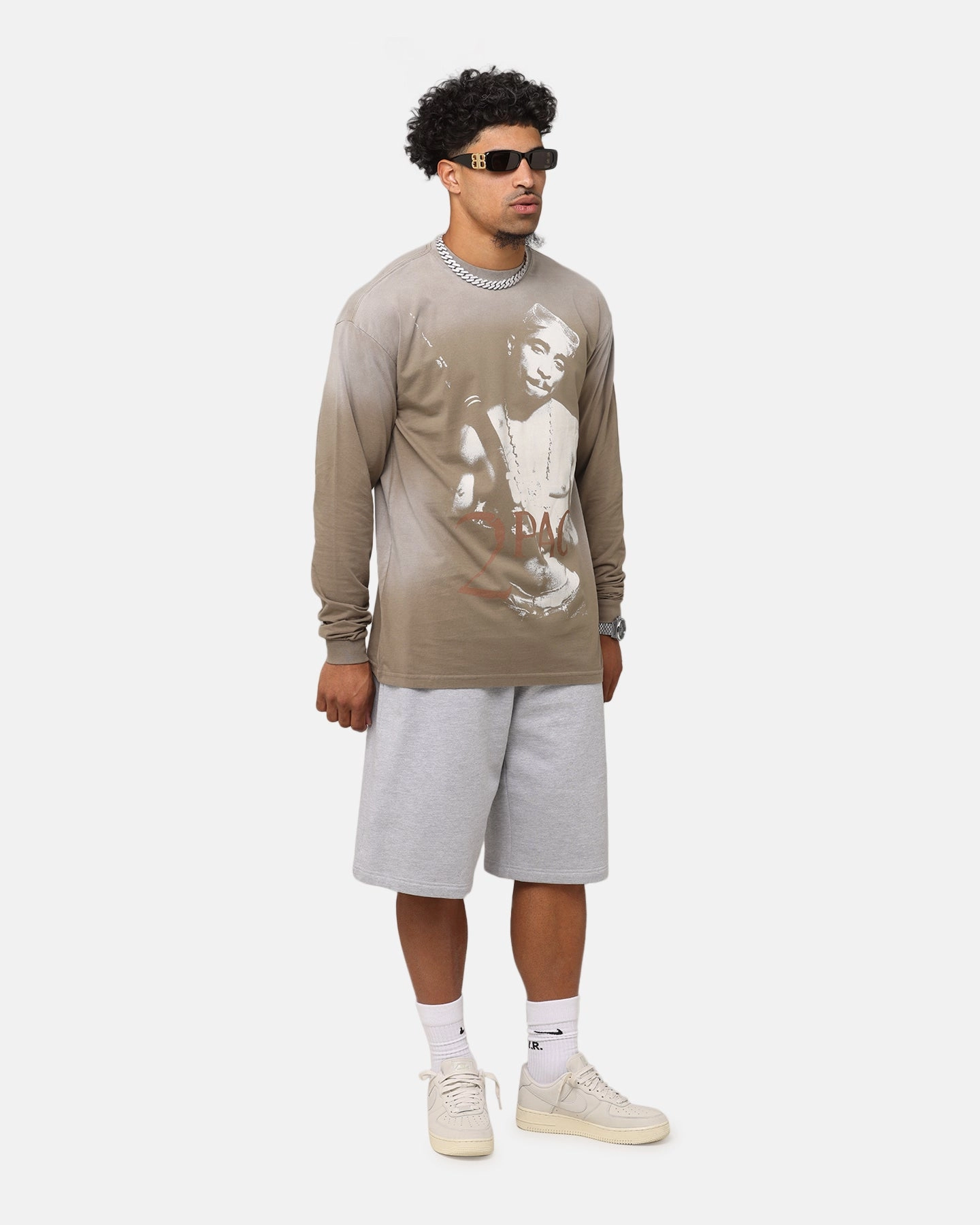 Tupac 2Pac Hem Vintage Long Sleeve T-Shirt Brown FadeResistant Coating