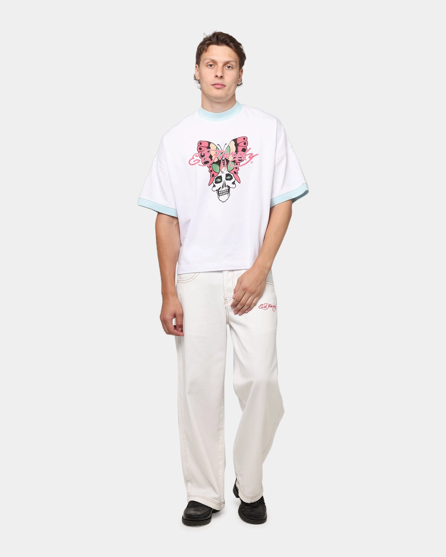 Elastic Free Cuffs Ed Hardy Dragon Wide Leg Denim Jeans Off White