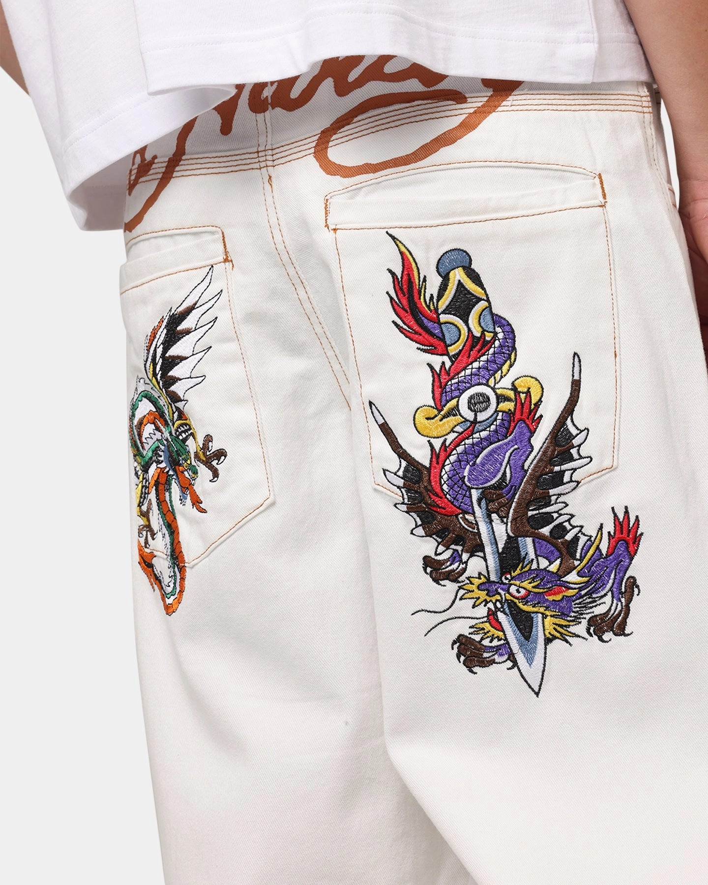 Flexible Leg Ed Hardy Dragon Wide Leg Denim Jeans Off White
