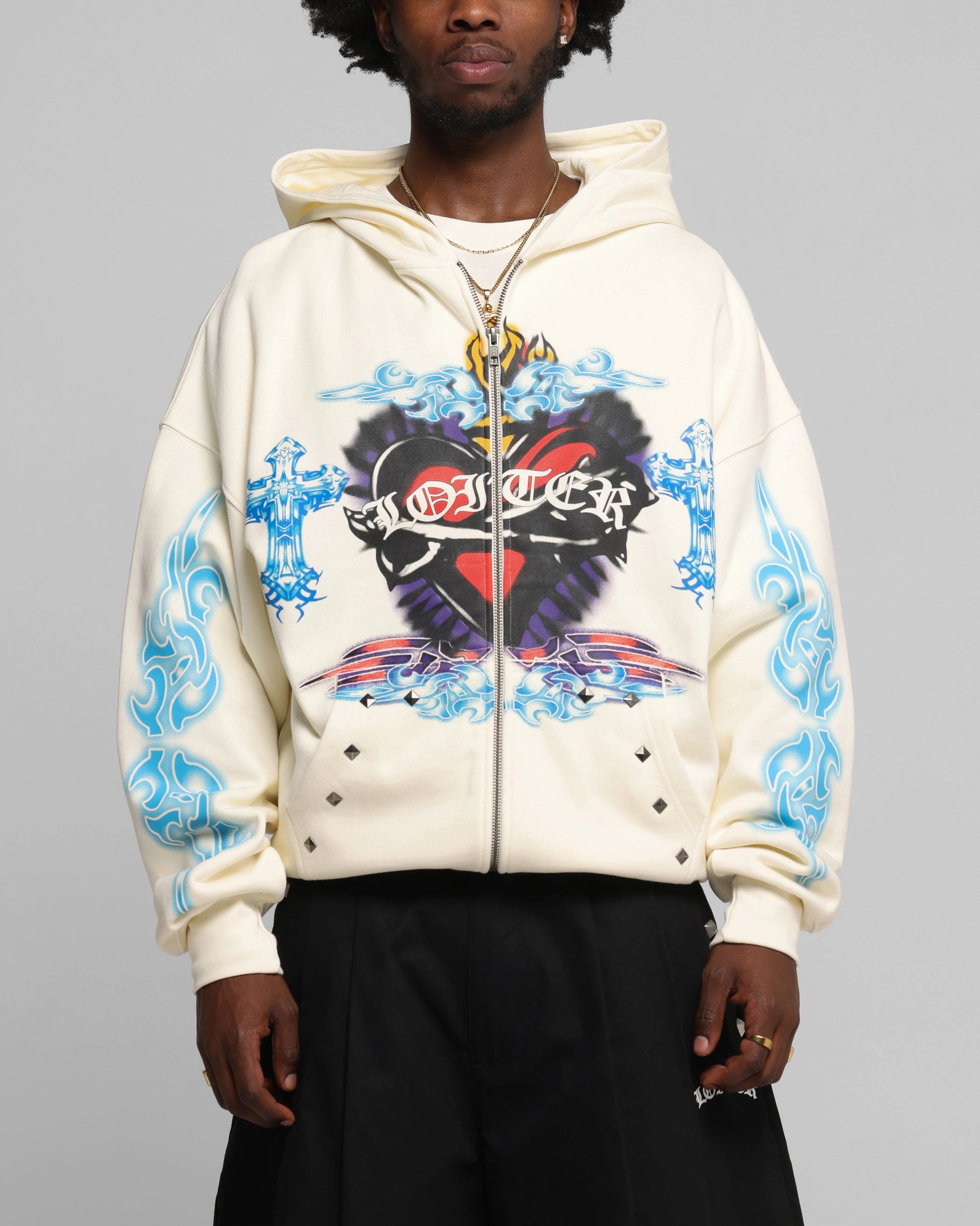 Weekend Brunch Loiter Hearts Zip Hoodie Off White
