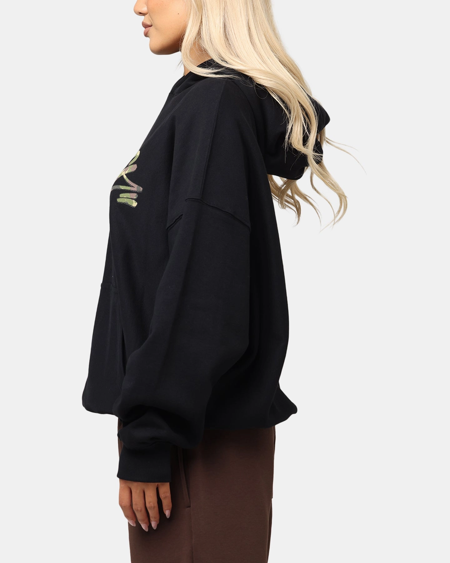 Embroidered Logo Carre Camo Script Hoodie Black