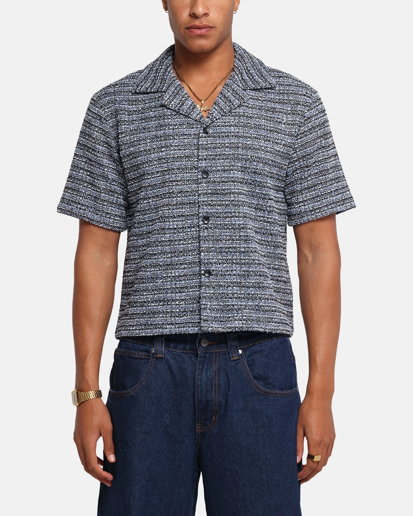 XXIII Boucle Tweed Crop Button Up Shirt Black/White/Blue Classic Style
