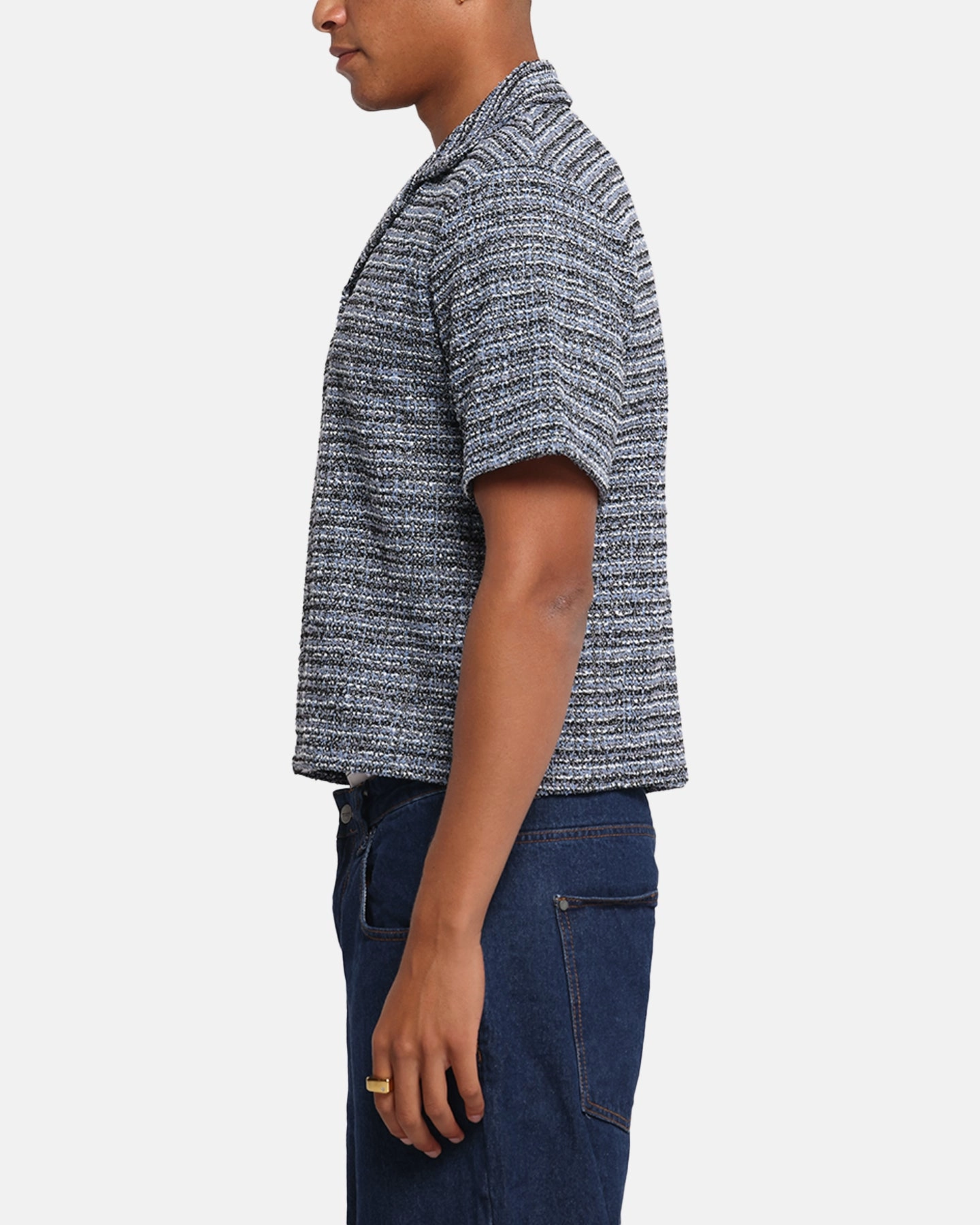 Street Style Petite Fit XXIII Boucle Tweed Crop Button Up Shirt Black/White/Blue