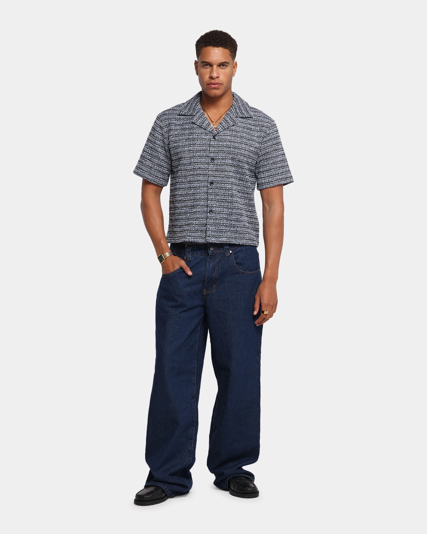 Smooth zipper closure XXIII Boucle Tweed Crop Button Up Shirt Black/White/Blue