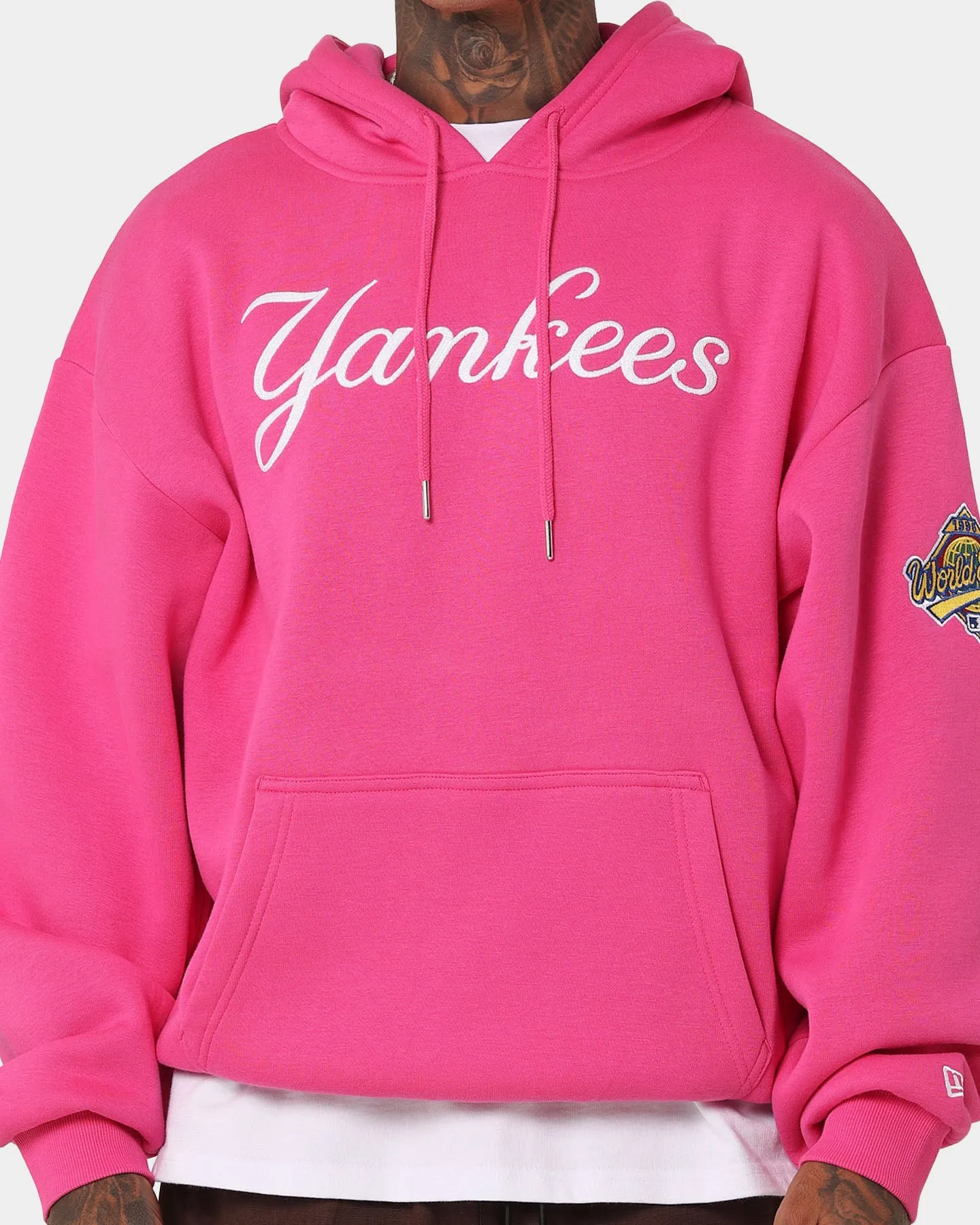 New Era New York Yankees 'Tropical Punch Script Pack' Oversized Hoodie Hot Pink Layered Collar Design Compact Packable