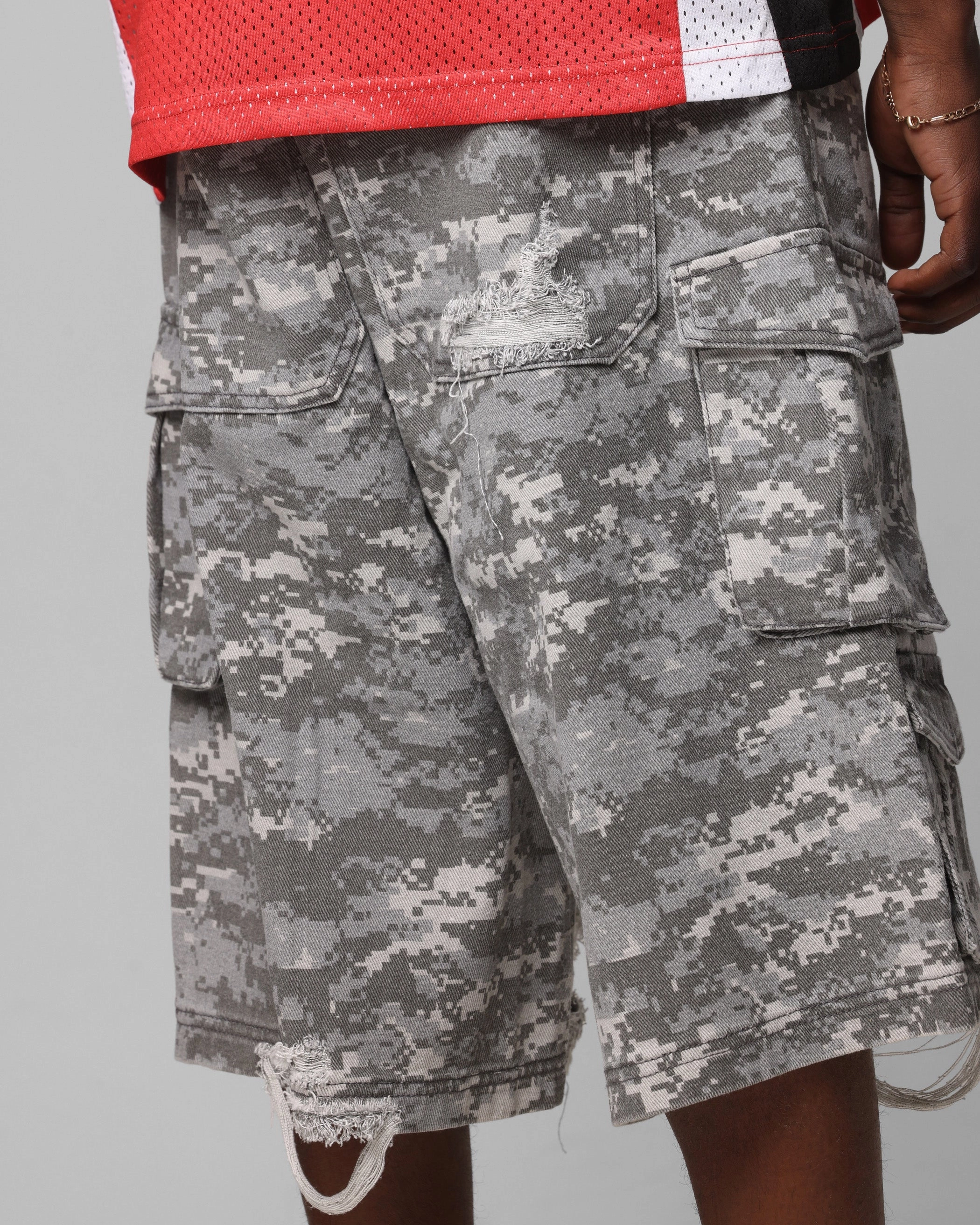 Loiter Collateral Cargo Shorts Snow Camo Stretchy Material Laser Cut Edges