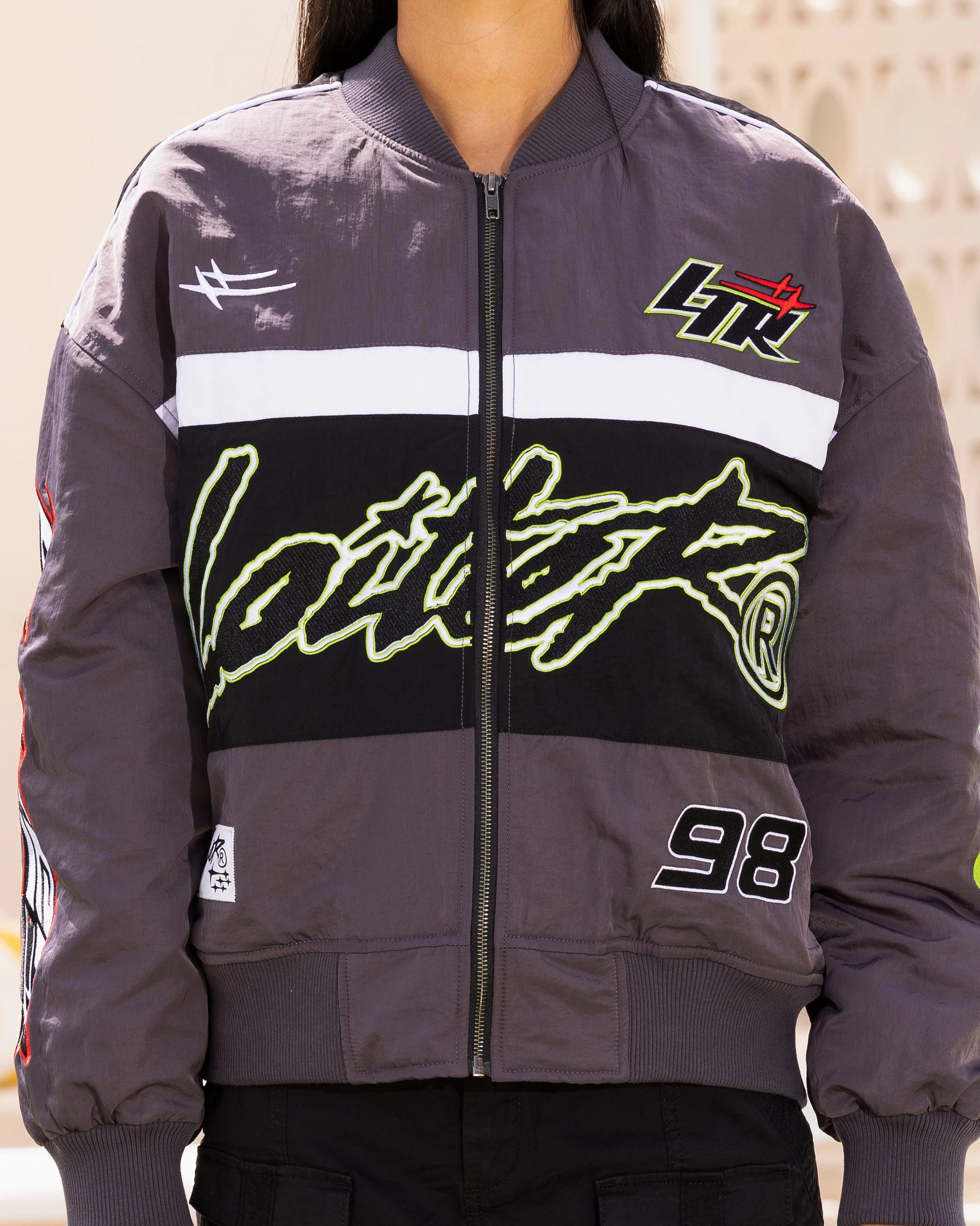 Grid Fleece Lining Loiter Racer Motor Jacket Charcoal