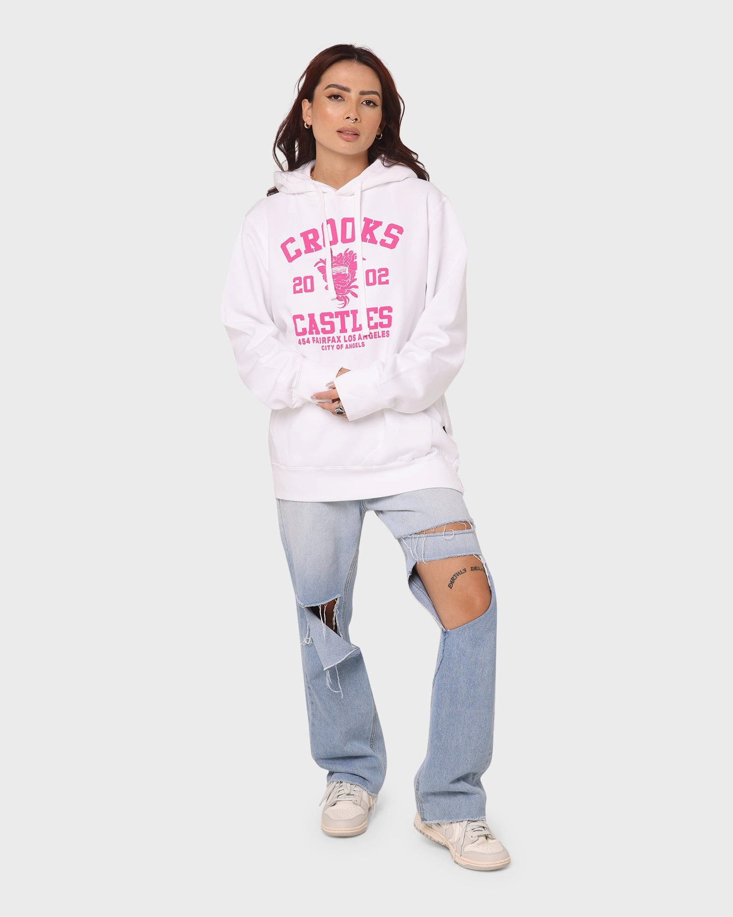 Crooks & Castles Fairfax Varsity Hoodie Hot Pink/White Ergonomic Sleeves Dry