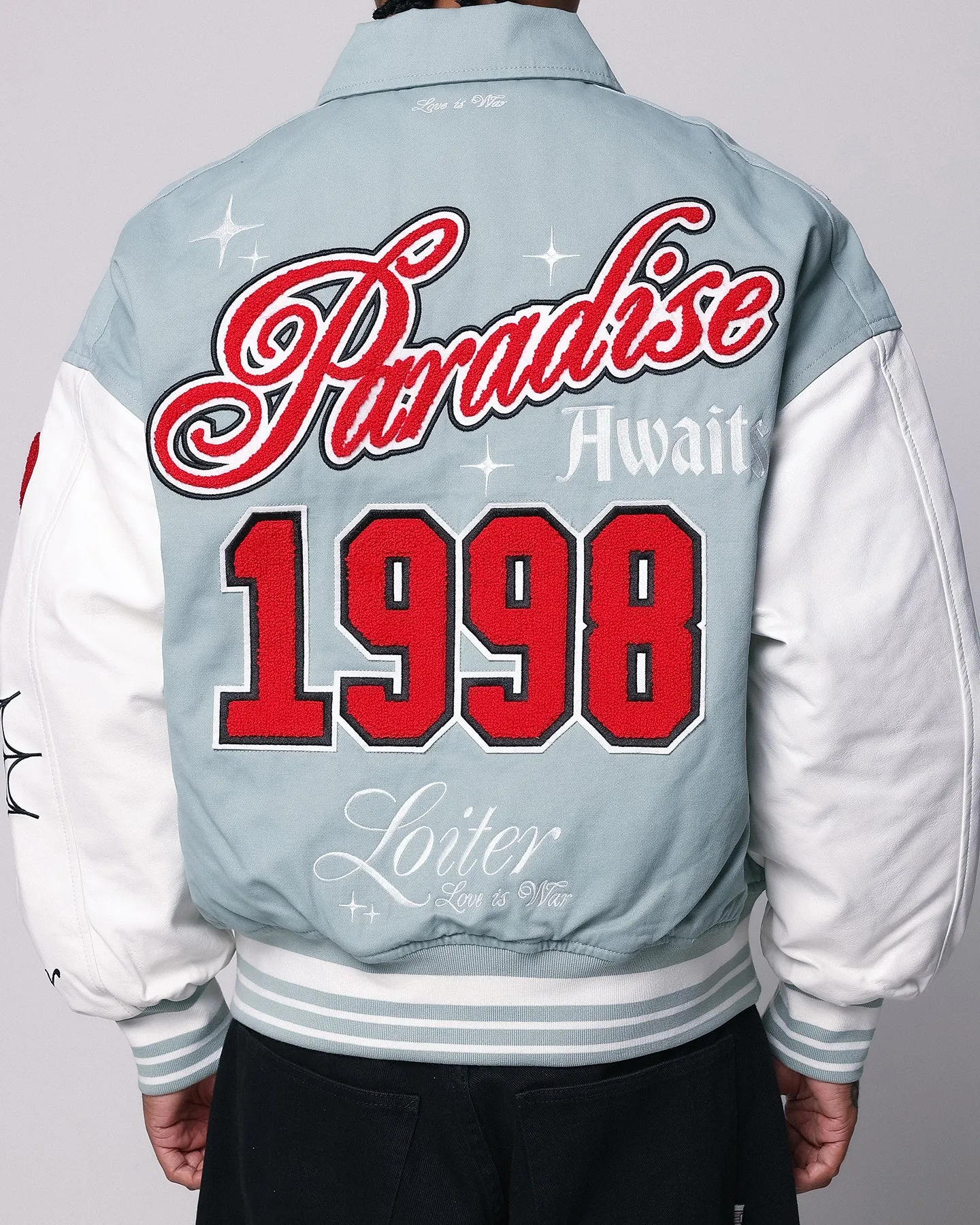 Loiter Paradise Varsity Jacket Light Blue Retro Non Restrictive Mobility