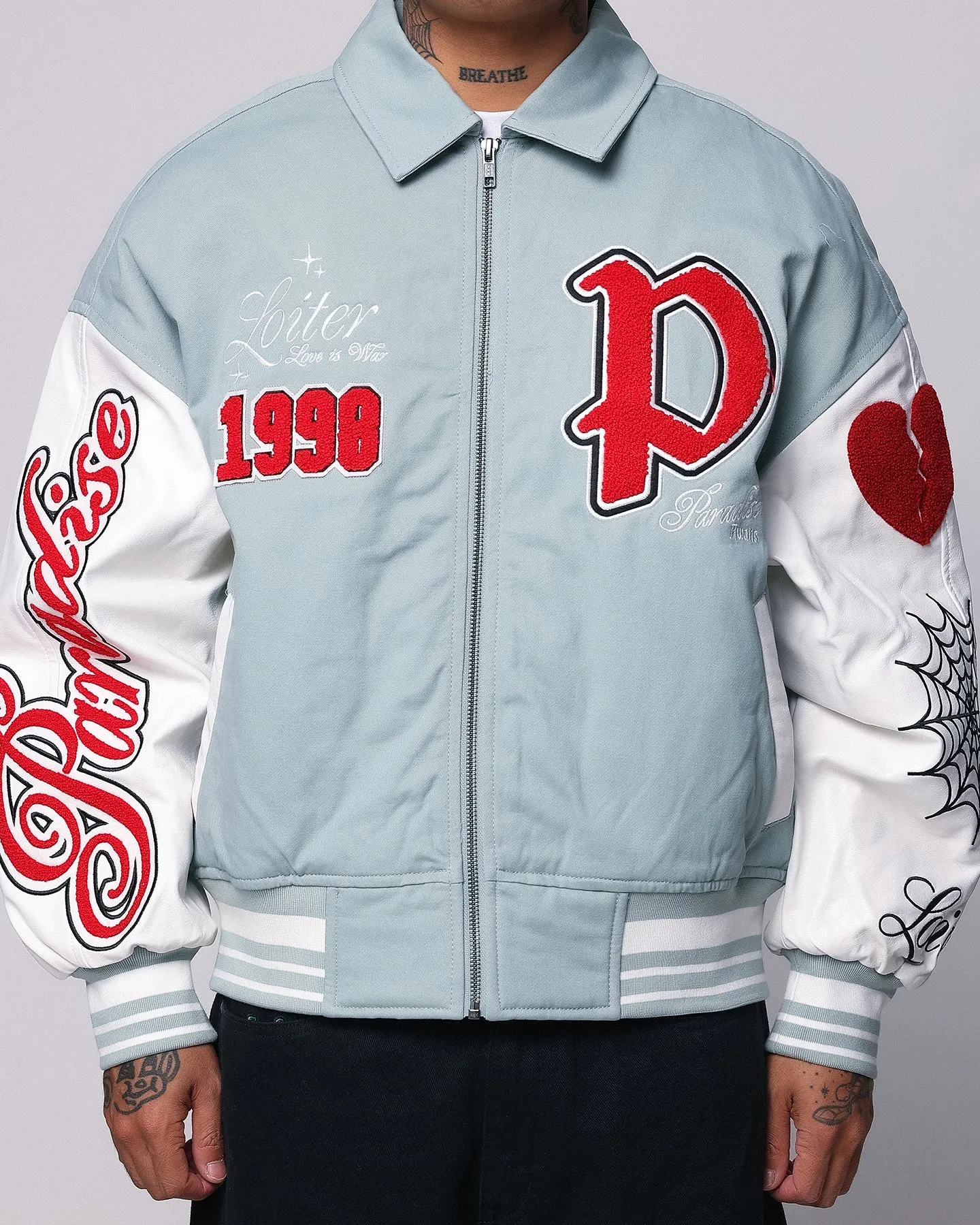 Loiter Paradise Varsity Jacket Light Blue Faux Fur