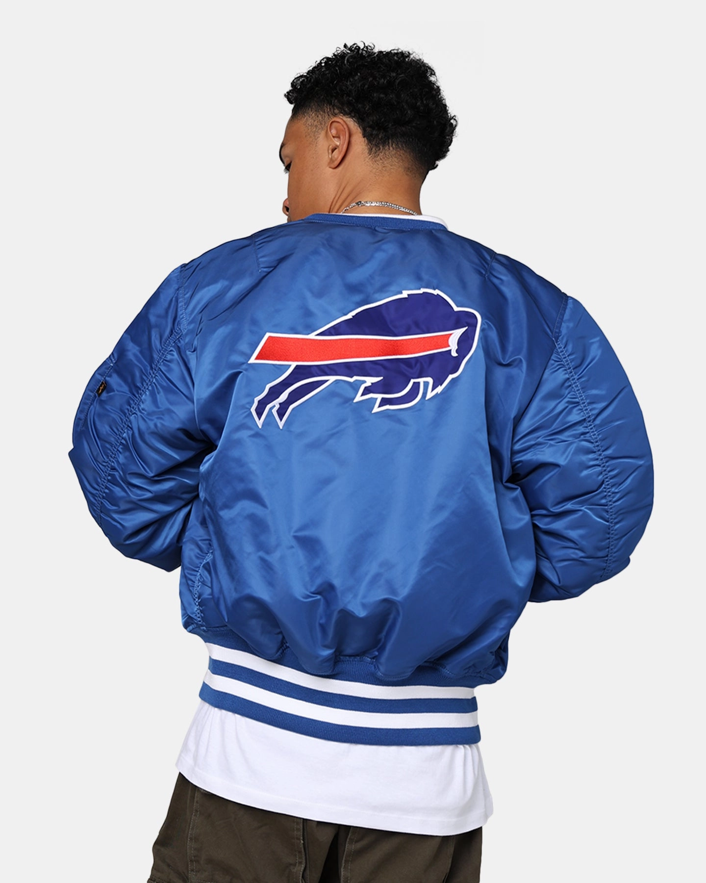 New Era X Alpha Series X NFL Buffalo Bills MA-1 Bomber Jacket Royal/Red Hooded Storage Compartment