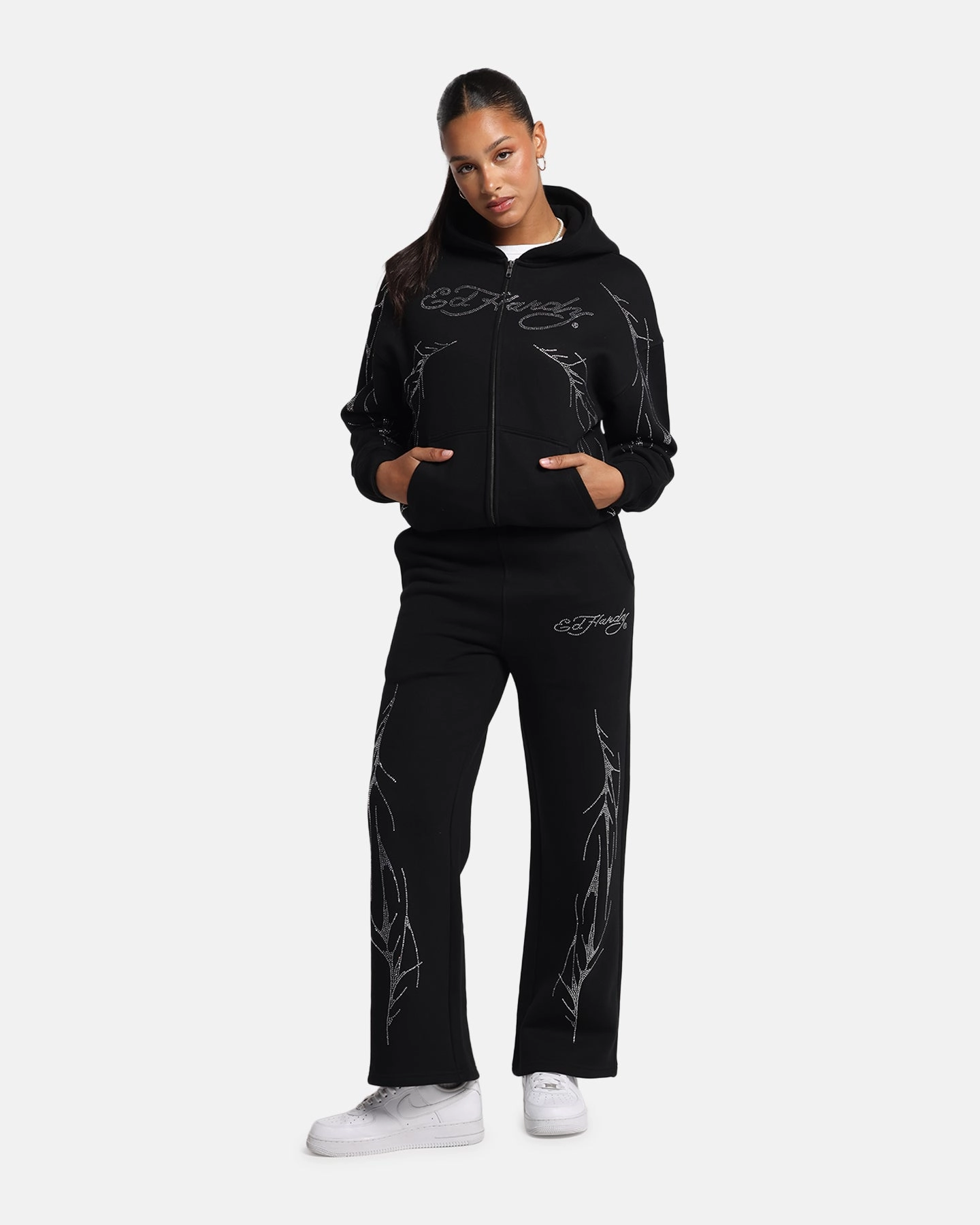 Durable Construction Ed Hardy Cyber Rhinestone Zip-Up Hoodie Black