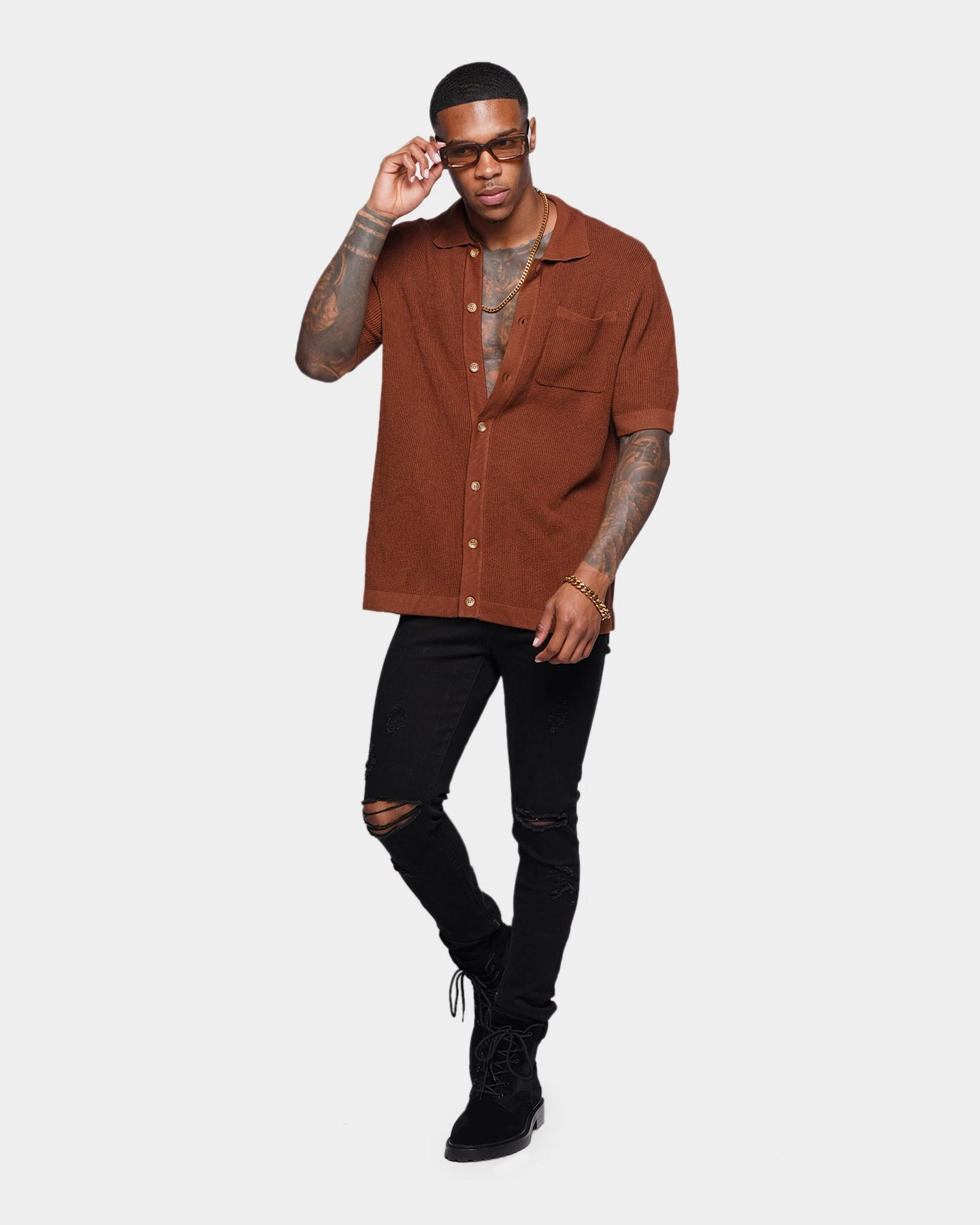 Tall friendly Refined Aesthetic XXIII Zyair Knit Rib Button Up Shirt Brown