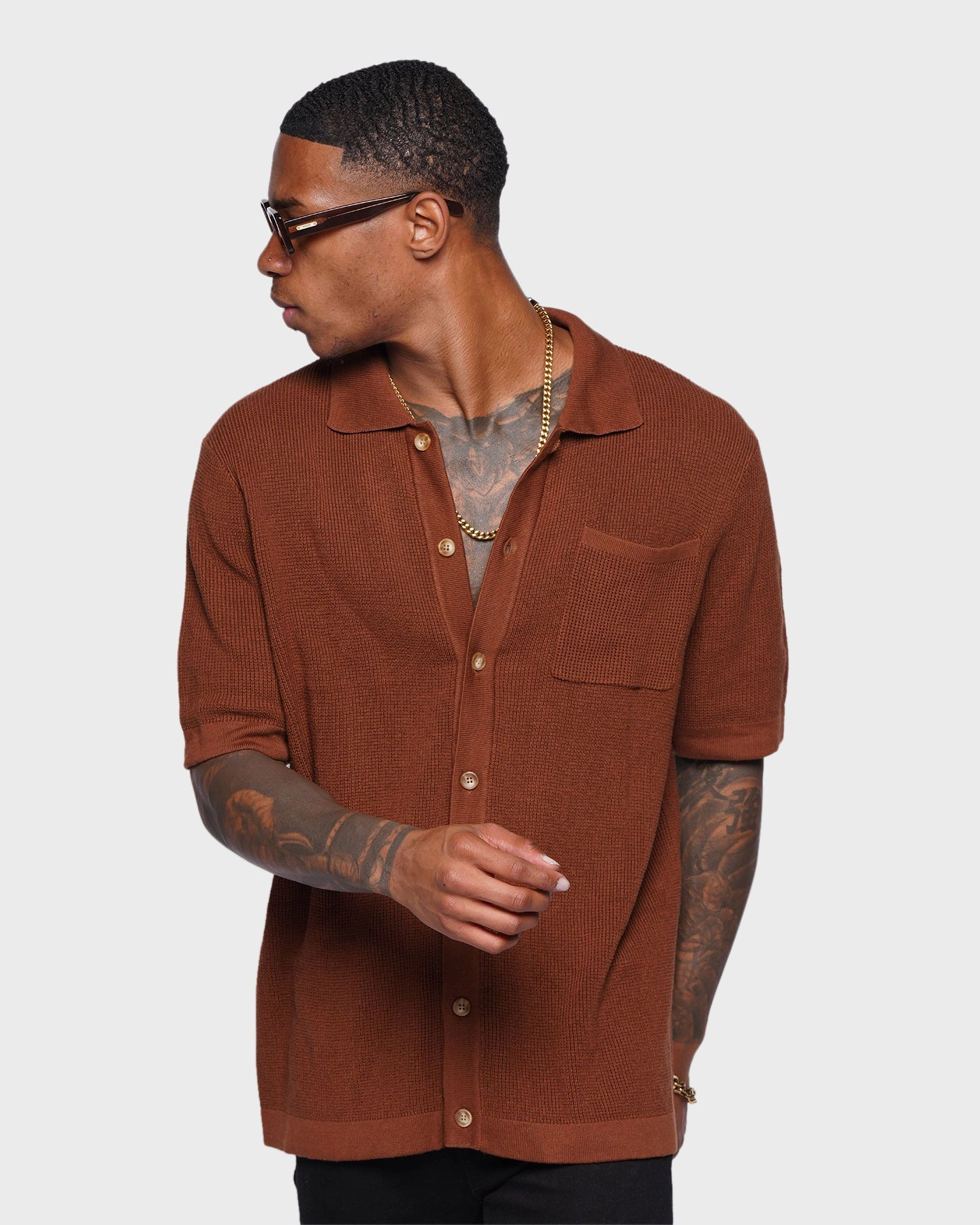 XXIII Zyair Knit Rib Button Up Shirt Brown Corporate Wear High-Quality Fabric
