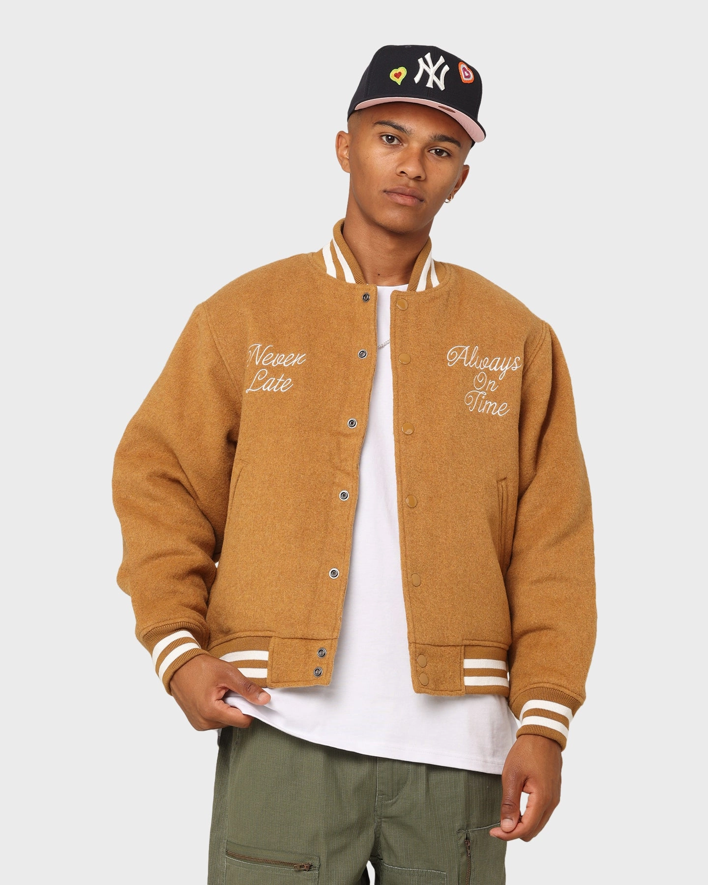Reinforced Elbows Obey Time Varsity Jacket Brown