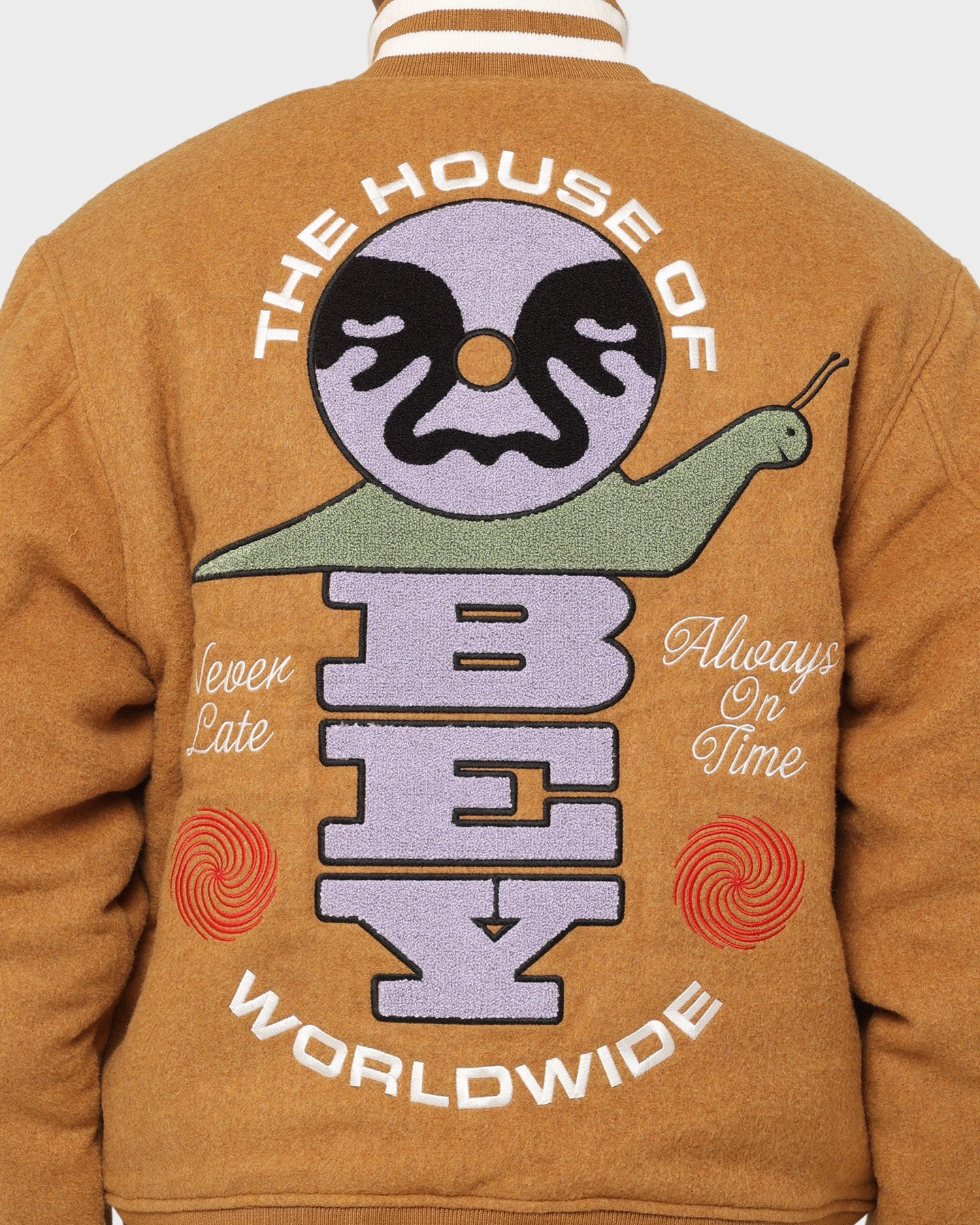 Soft Shell Material Obey Time Varsity Jacket Brown