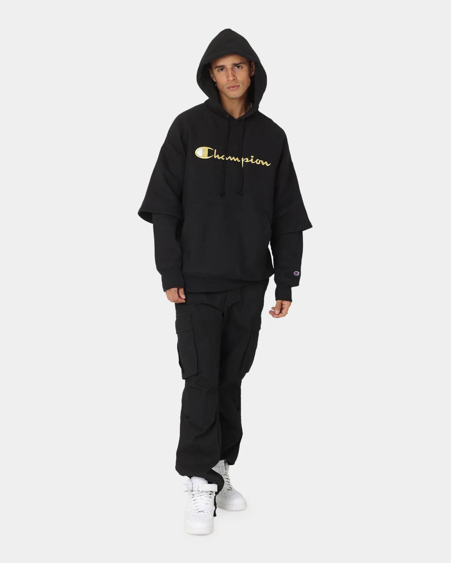Casual Warmth All-Season Outerwear Champion Reverse Weave Double Layer Hoodie Black/Gold