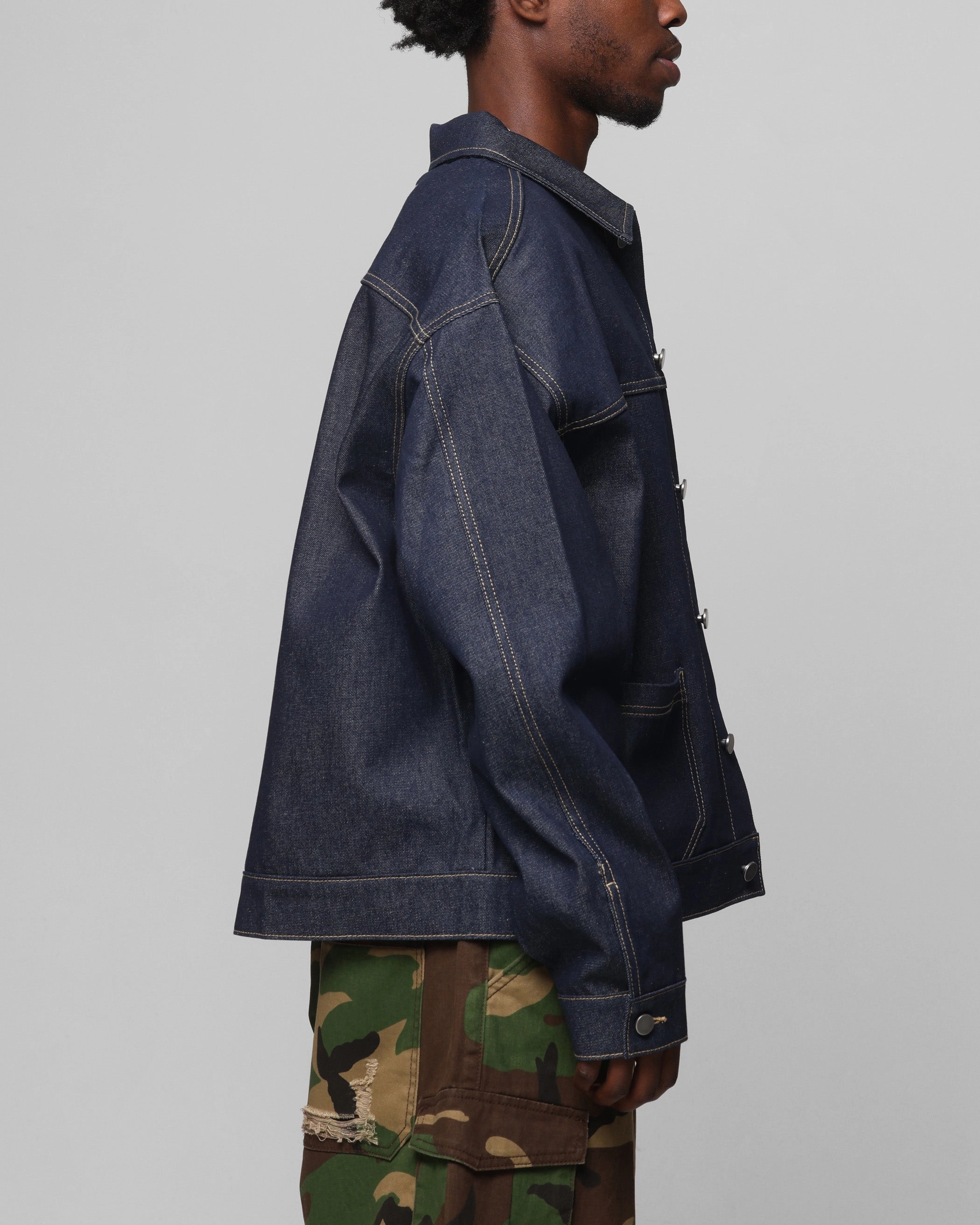 Loiter Prestige Denim Jacket Raw Indigo Flexible Shell Process