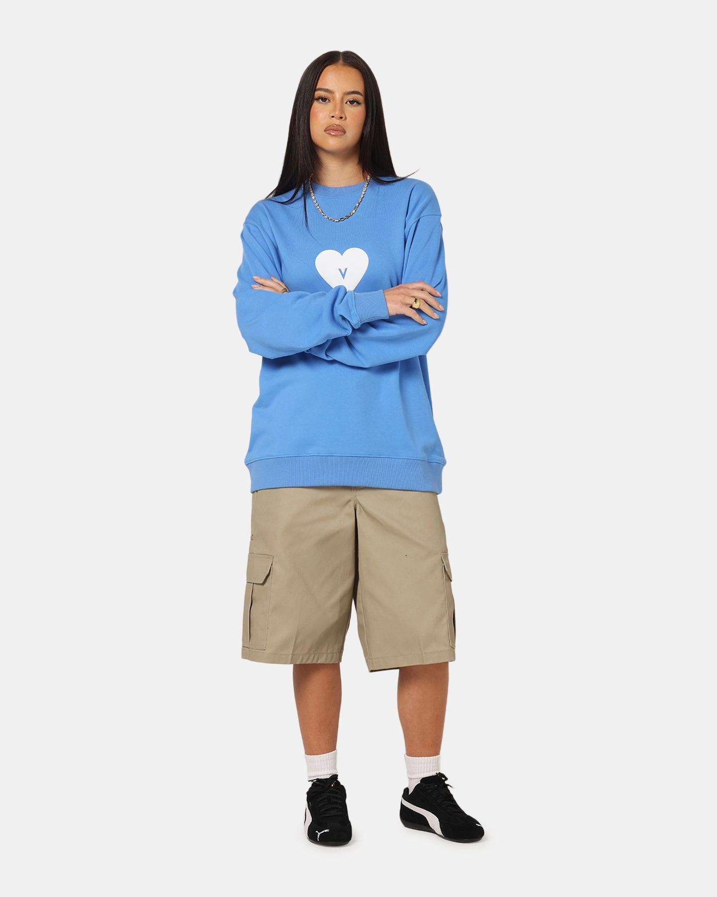 Double Layered Knit Vouseti Love Sweater Blue